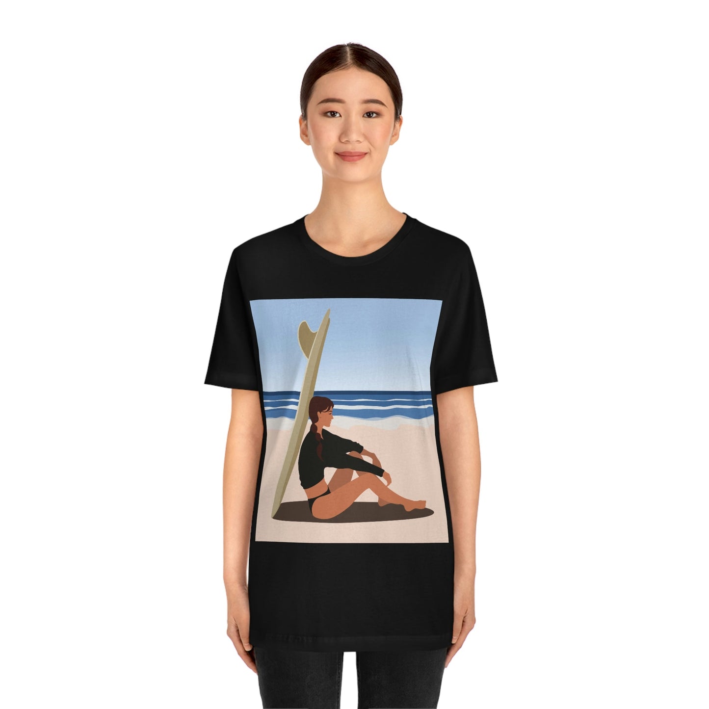 Serenity by the Sea Woman Sitting on Beach Unisex Jersey Short Sleeve T-Shirt Ichaku [Perfect Gifts Selection]