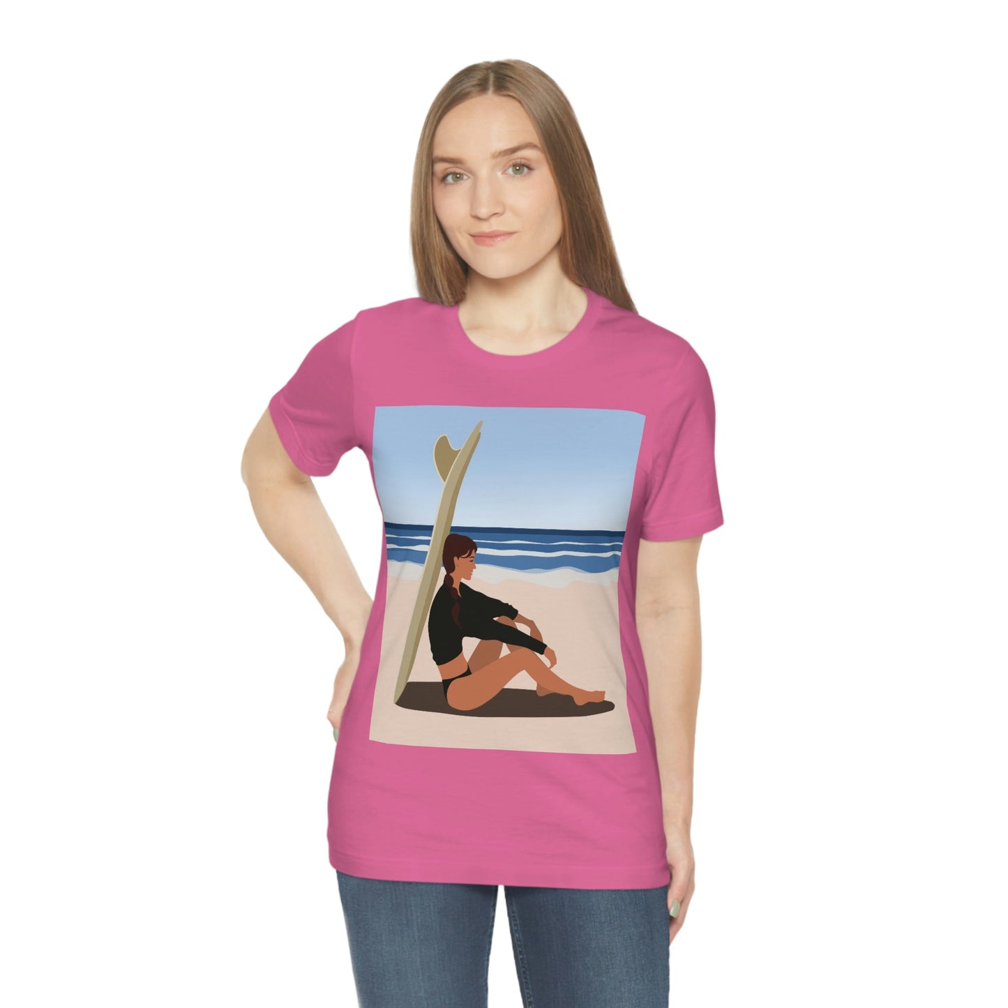 Serenity by the Sea Woman Sitting on Beach Unisex Jersey Short Sleeve T-Shirt Ichaku [Perfect Gifts Selection]