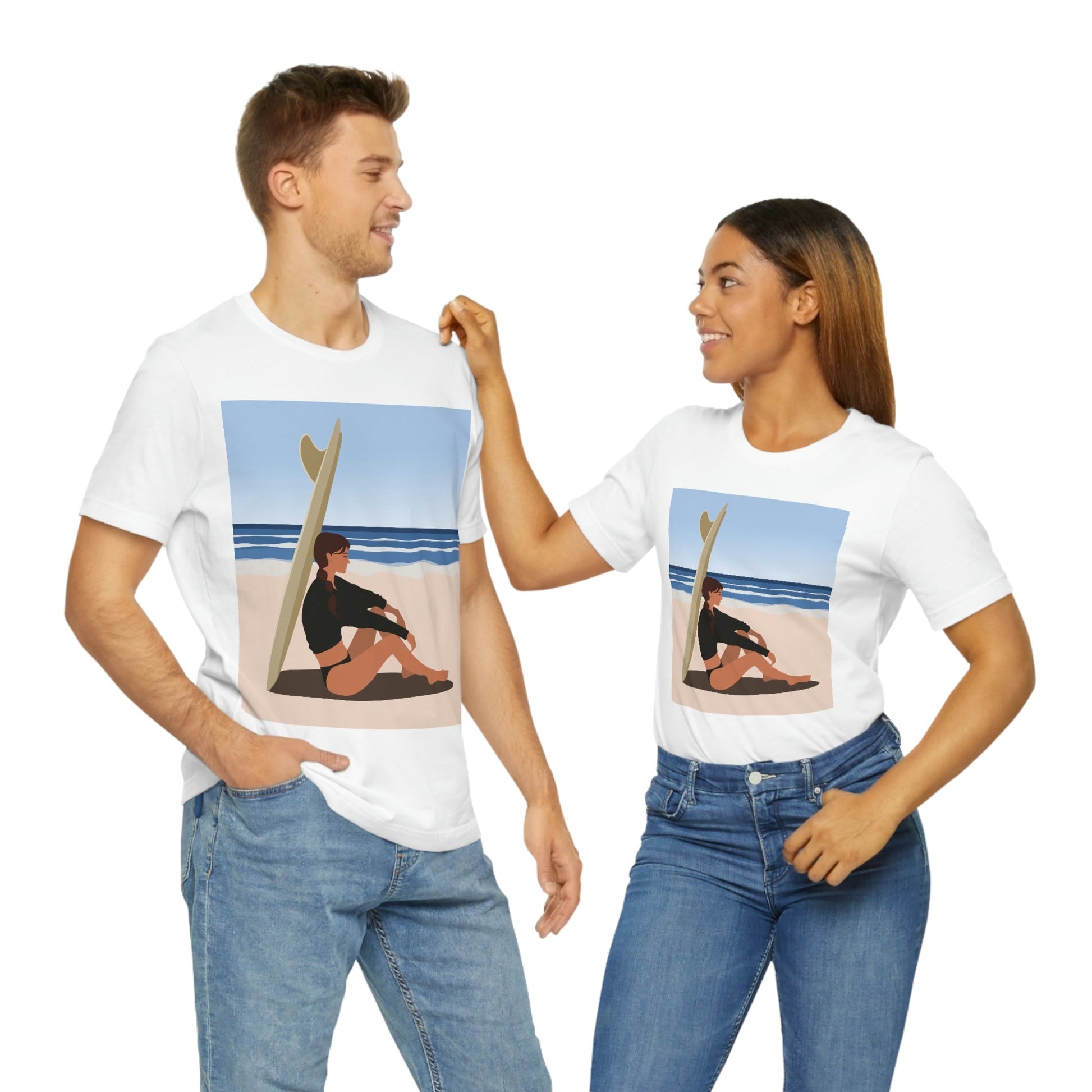 Serenity by the Sea Woman Sitting on Beach Unisex Jersey Short Sleeve T-Shirt Ichaku [Perfect Gifts Selection]