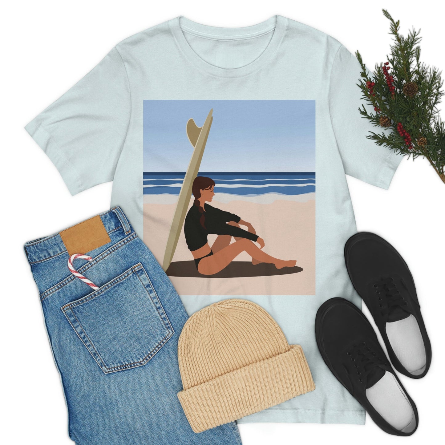 Serenity by the Sea Woman Sitting on Beach Unisex Jersey Short Sleeve T-Shirt Ichaku [Perfect Gifts Selection]