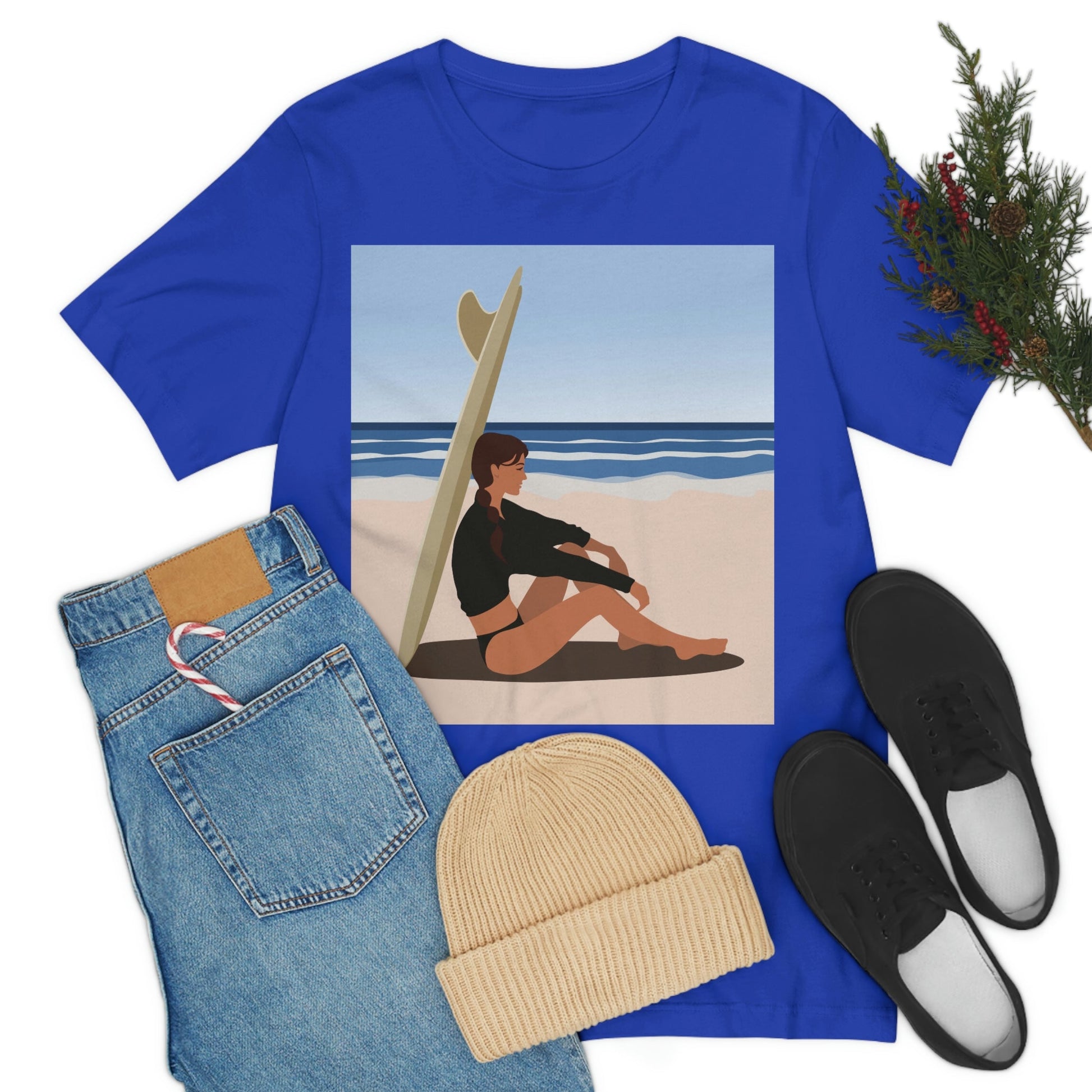 Serenity by the Sea Woman Sitting on Beach Unisex Jersey Short Sleeve T-Shirt Ichaku [Perfect Gifts Selection]