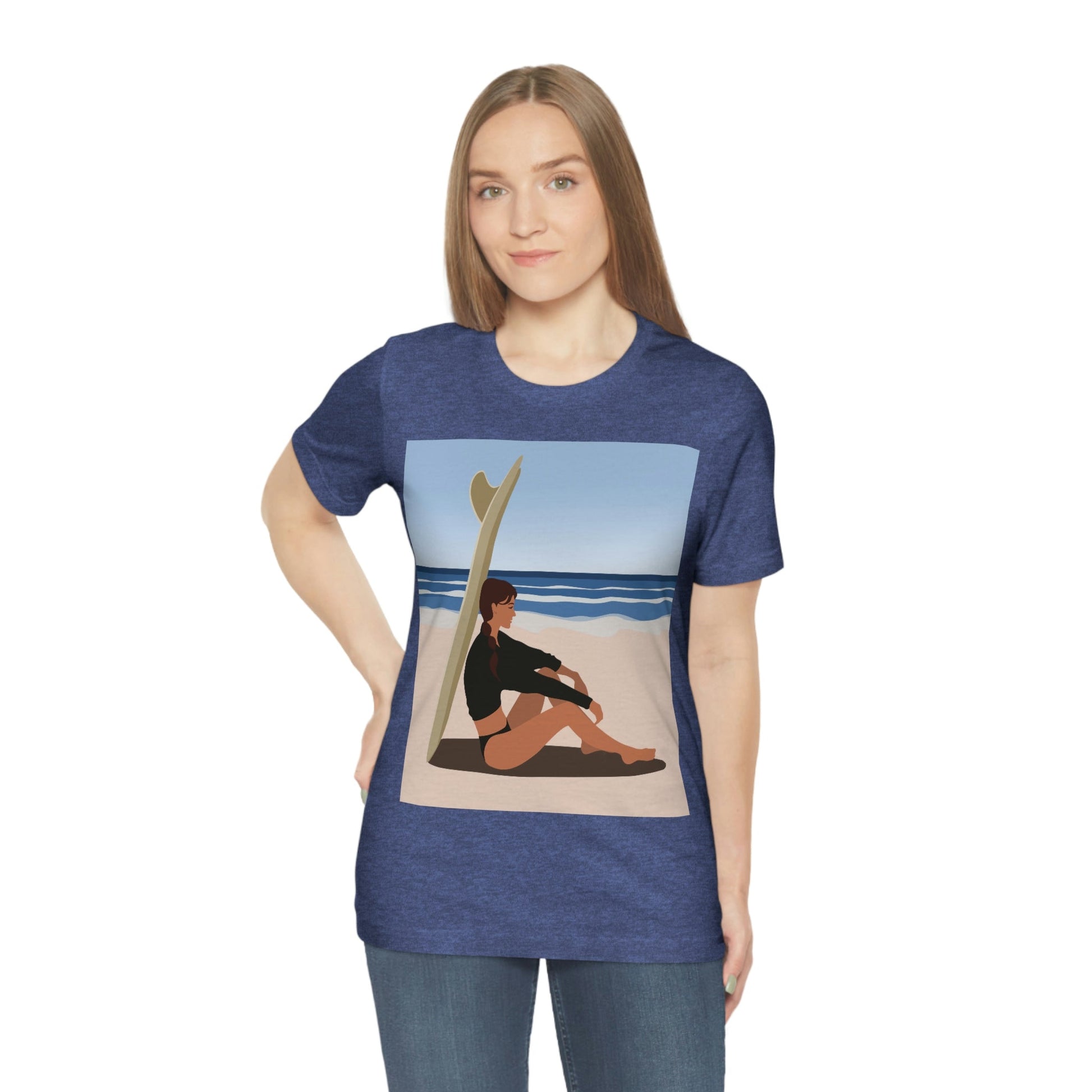 Serenity by the Sea Woman Sitting on Beach Unisex Jersey Short Sleeve T-Shirt Ichaku [Perfect Gifts Selection]