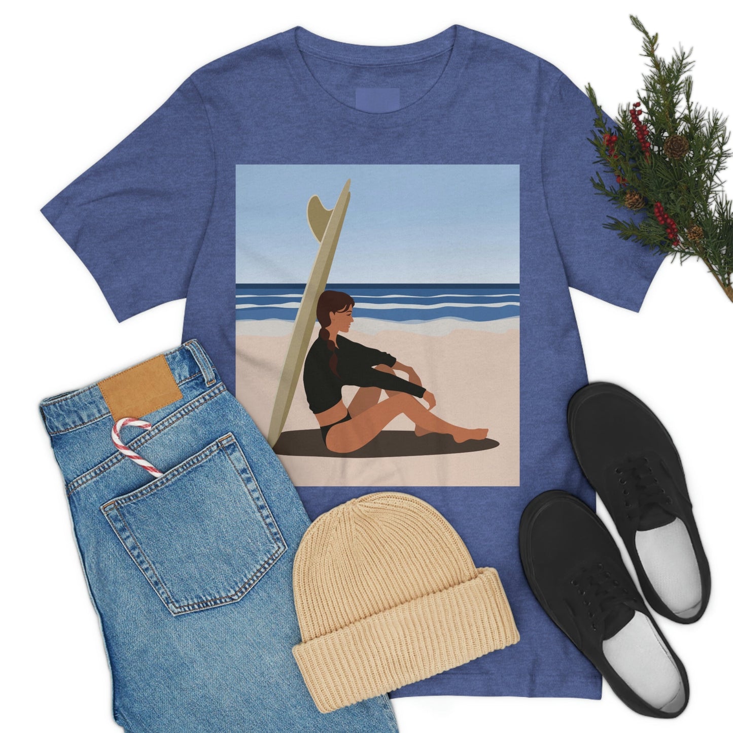 Serenity by the Sea Woman Sitting on Beach Unisex Jersey Short Sleeve T-Shirt Ichaku [Perfect Gifts Selection]