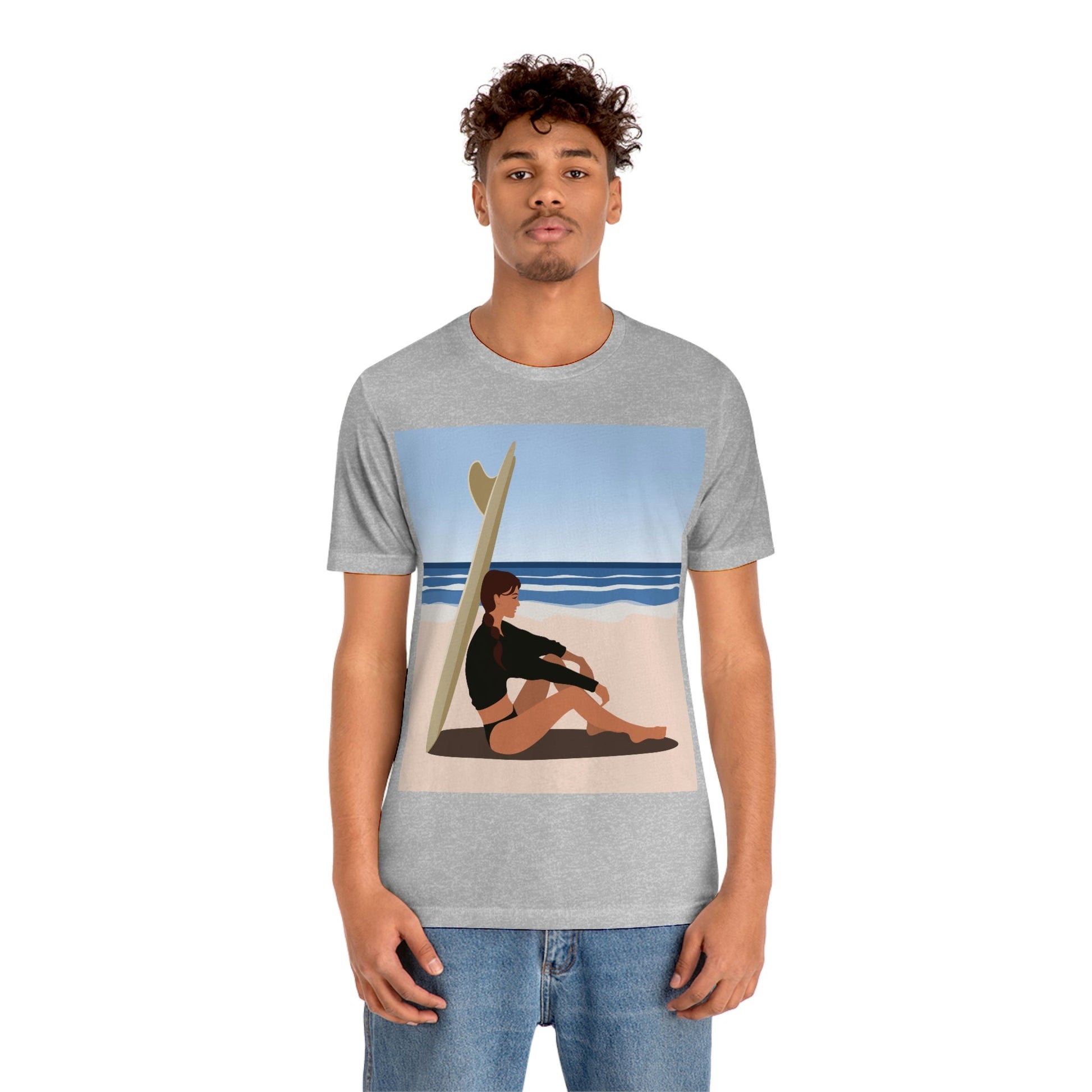 Serenity by the Sea Woman Sitting on Beach Unisex Jersey Short Sleeve T-Shirt Ichaku [Perfect Gifts Selection]