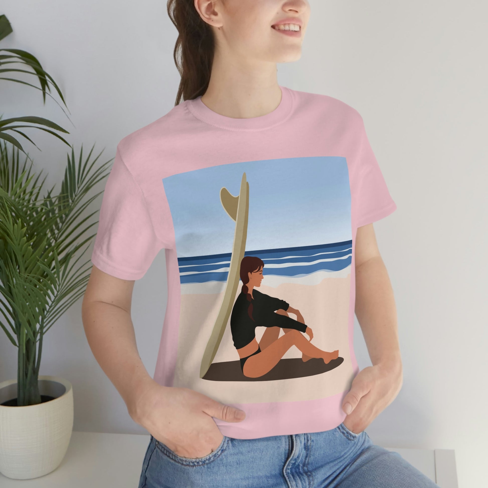 Serenity by the Sea Woman Sitting on Beach Unisex Jersey Short Sleeve T-Shirt Ichaku [Perfect Gifts Selection]