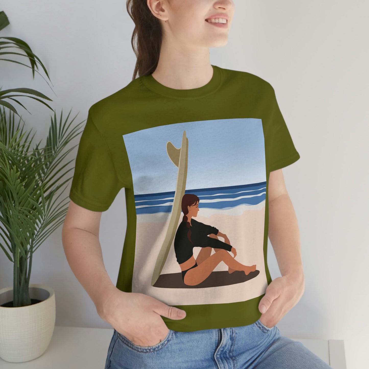 Serenity by the Sea Woman Sitting on Beach Unisex Jersey Short Sleeve T-Shirt Ichaku [Perfect Gifts Selection]