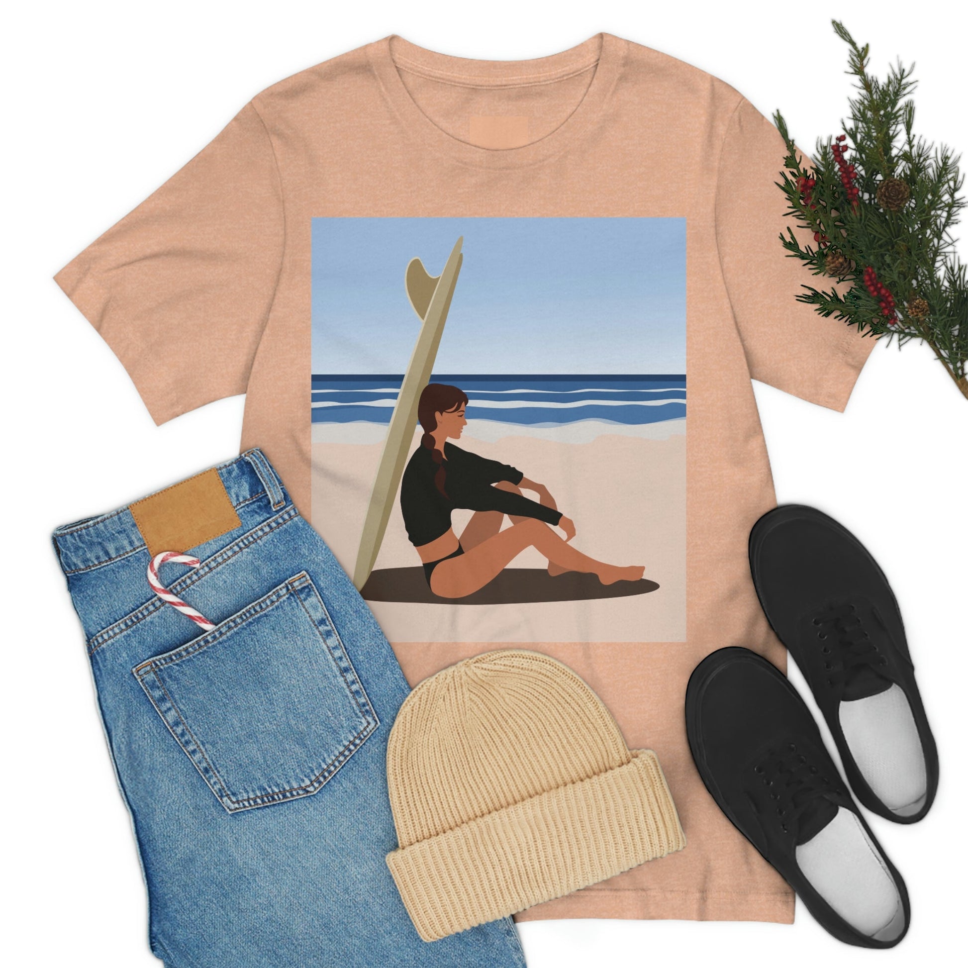 Serenity by the Sea Woman Sitting on Beach Unisex Jersey Short Sleeve T-Shirt Ichaku [Perfect Gifts Selection]