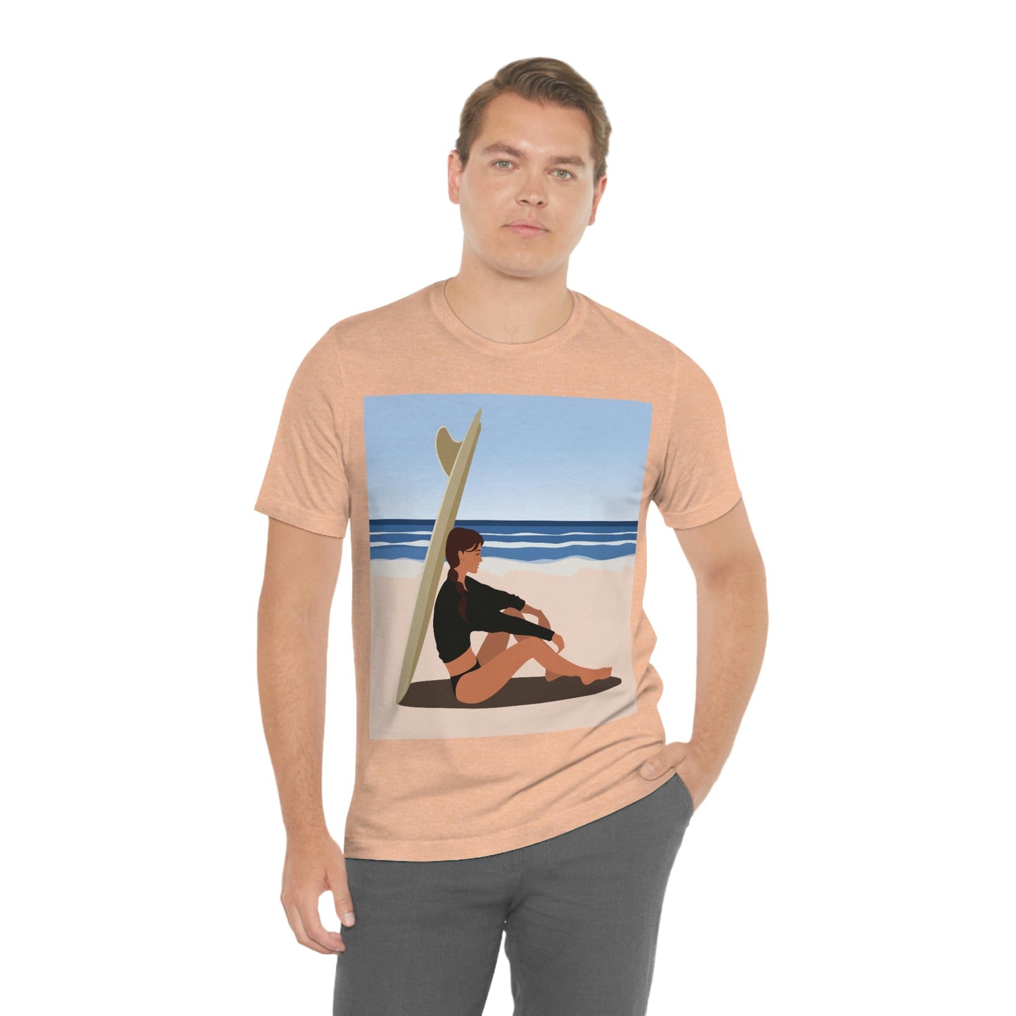 Serenity by the Sea Woman Sitting on Beach Unisex Jersey Short Sleeve T-Shirt Ichaku [Perfect Gifts Selection]