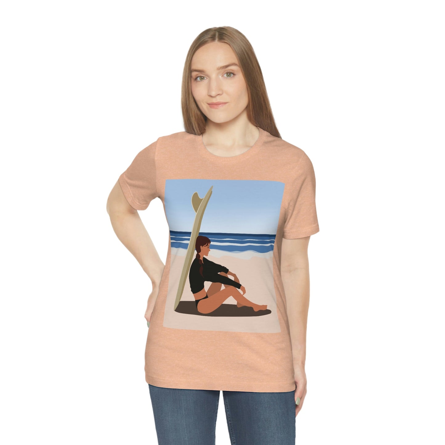 Serenity by the Sea Woman Sitting on Beach Unisex Jersey Short Sleeve T-Shirt Ichaku [Perfect Gifts Selection]