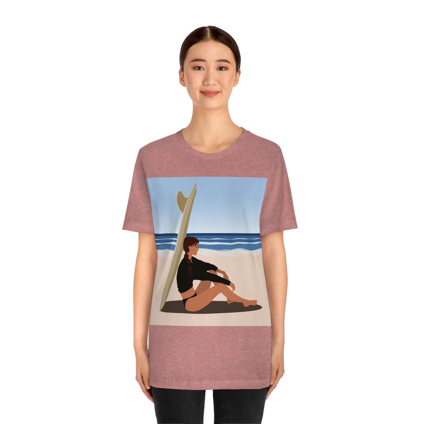 Serenity by the Sea Woman Sitting on Beach Unisex Jersey Short Sleeve T-Shirt Ichaku [Perfect Gifts Selection]