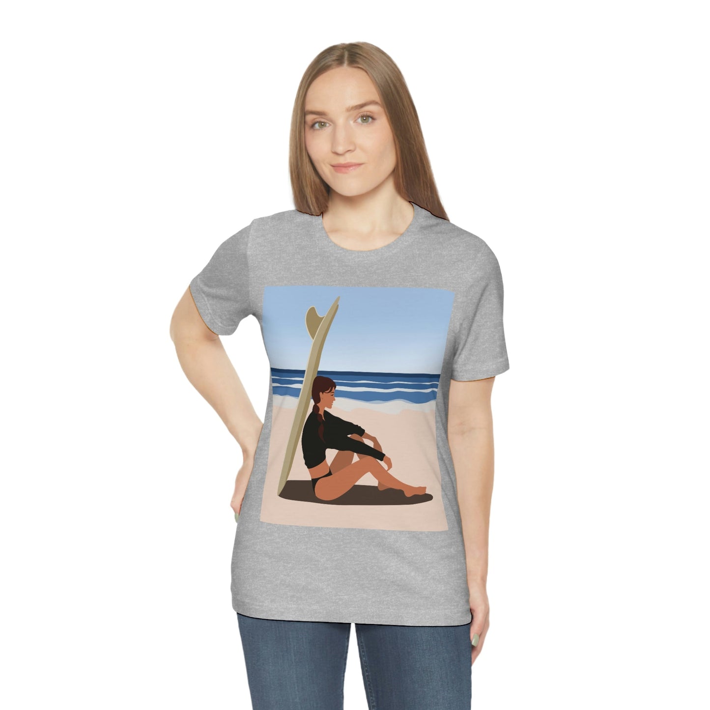 Serenity by the Sea Woman Sitting on Beach Unisex Jersey Short Sleeve T-Shirt Ichaku [Perfect Gifts Selection]