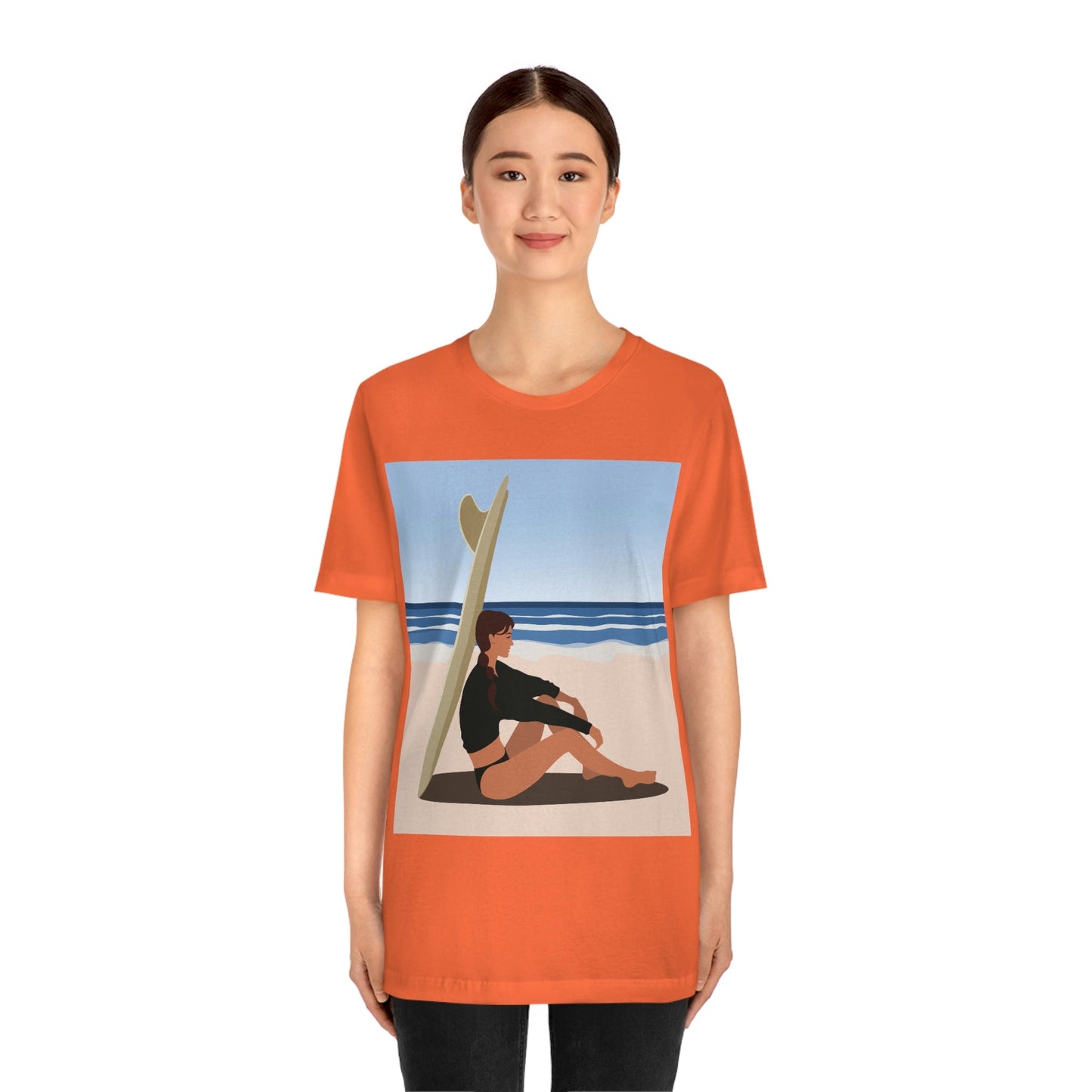 Serenity by the Sea Woman Sitting on Beach Unisex Jersey Short Sleeve T-Shirt Ichaku [Perfect Gifts Selection]