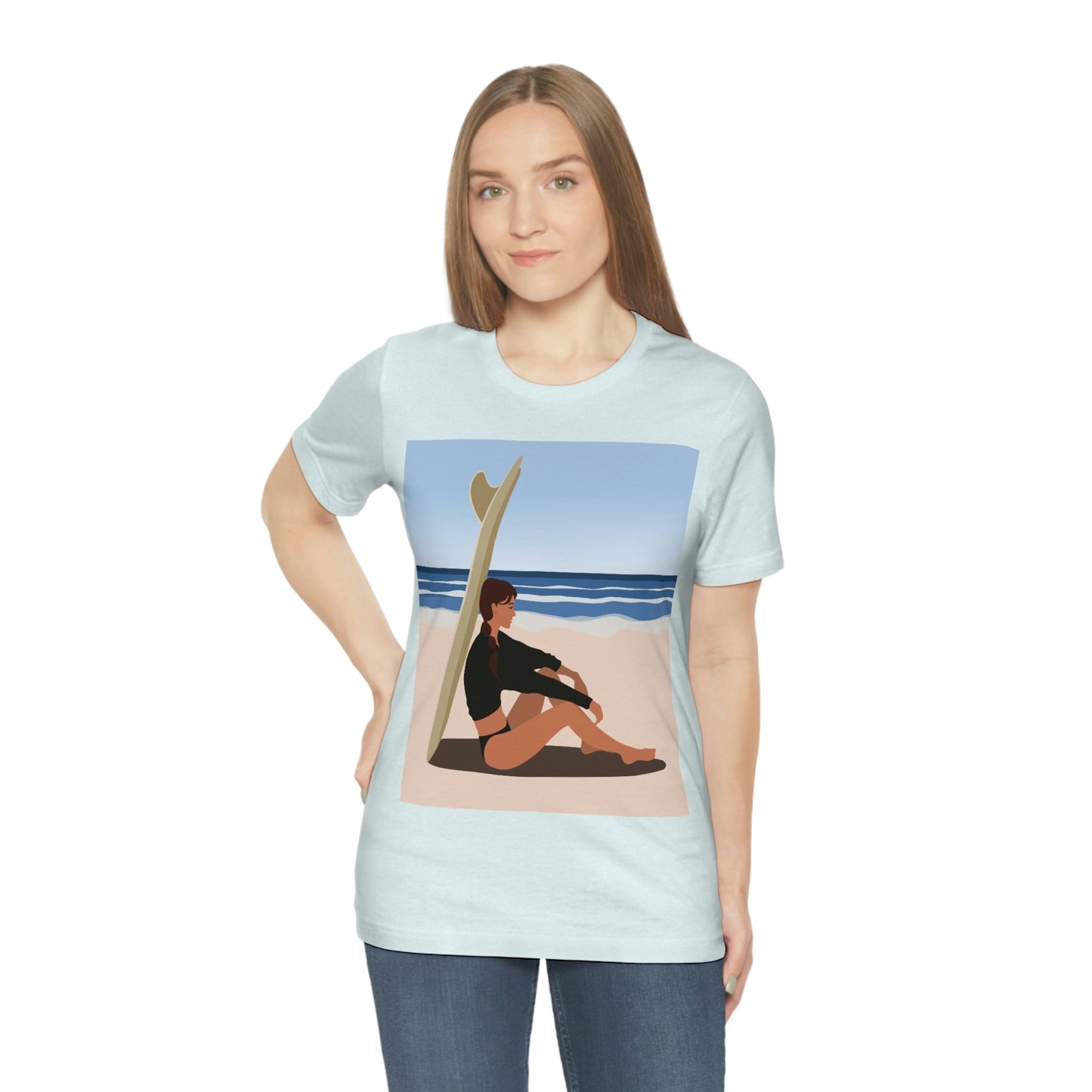 Serenity by the Sea Woman Sitting on Beach Unisex Jersey Short Sleeve T-Shirt Ichaku [Perfect Gifts Selection]