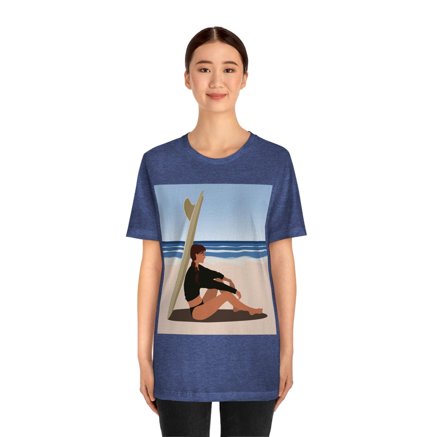 Serenity by the Sea Woman Sitting on Beach Unisex Jersey Short Sleeve T-Shirt Ichaku [Perfect Gifts Selection]