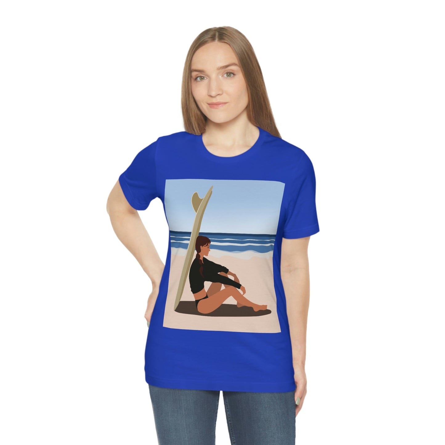 Serenity by the Sea Woman Sitting on Beach Unisex Jersey Short Sleeve T-Shirt Ichaku [Perfect Gifts Selection]