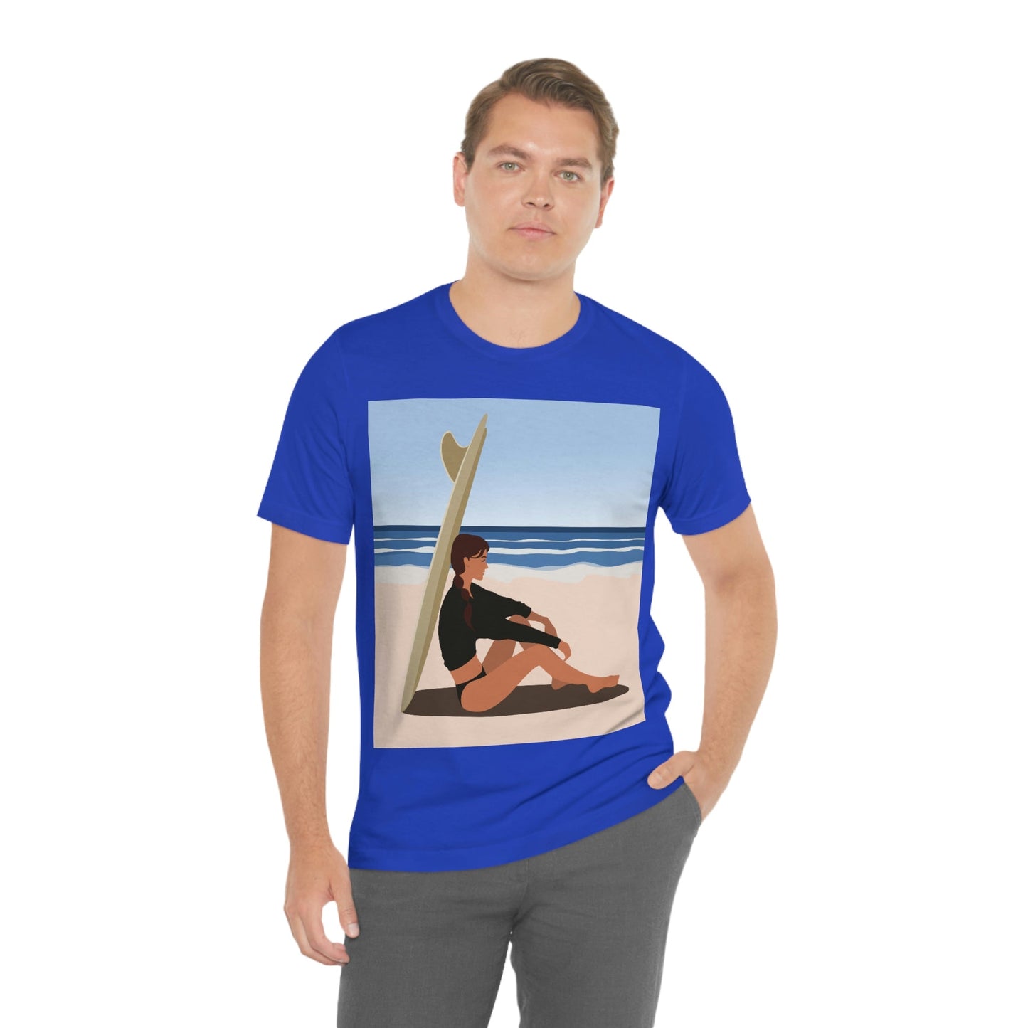 Serenity by the Sea Woman Sitting on Beach Unisex Jersey Short Sleeve T-Shirt Ichaku [Perfect Gifts Selection]