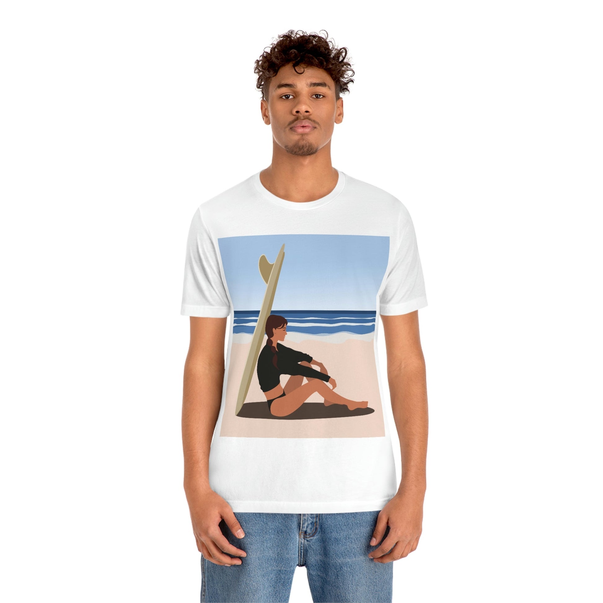 Serenity by the Sea Woman Sitting on Beach Unisex Jersey Short Sleeve T-Shirt Ichaku [Perfect Gifts Selection]