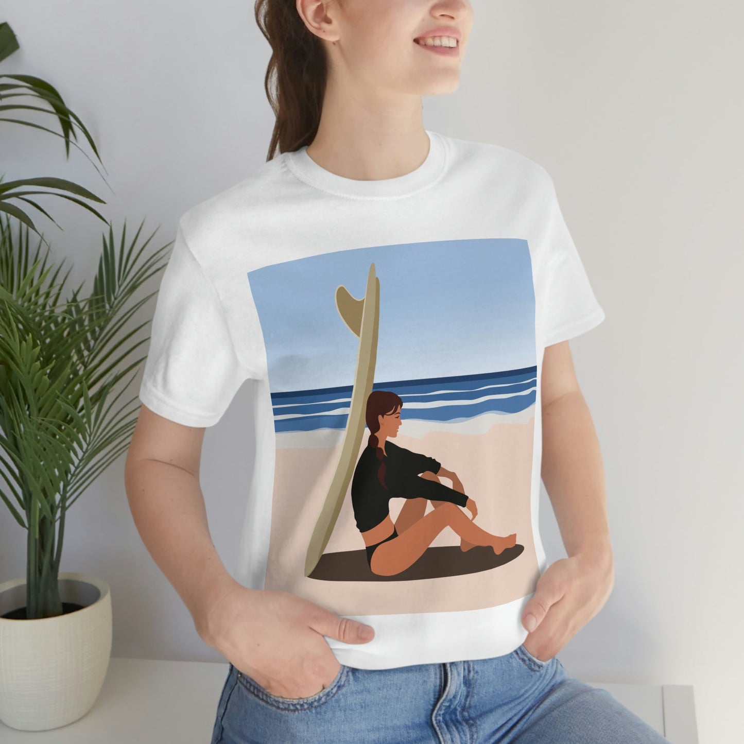 Serenity by the Sea Woman Sitting on Beach Unisex Jersey Short Sleeve T-Shirt Ichaku [Perfect Gifts Selection]