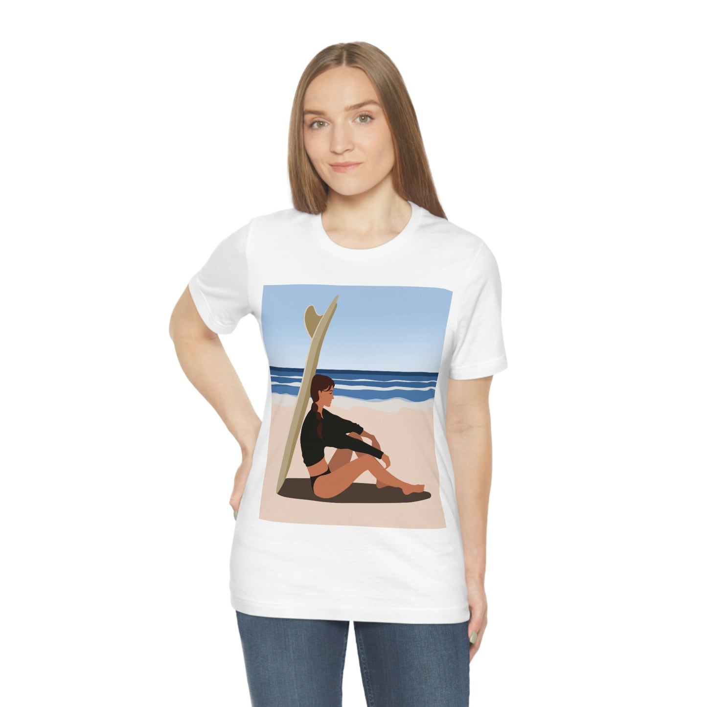 Serenity by the Sea Woman Sitting on Beach Unisex Jersey Short Sleeve T-Shirt Ichaku [Perfect Gifts Selection]