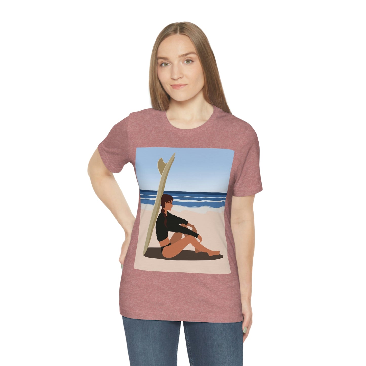 Serenity by the Sea Woman Sitting on Beach Unisex Jersey Short Sleeve T-Shirt Ichaku [Perfect Gifts Selection]