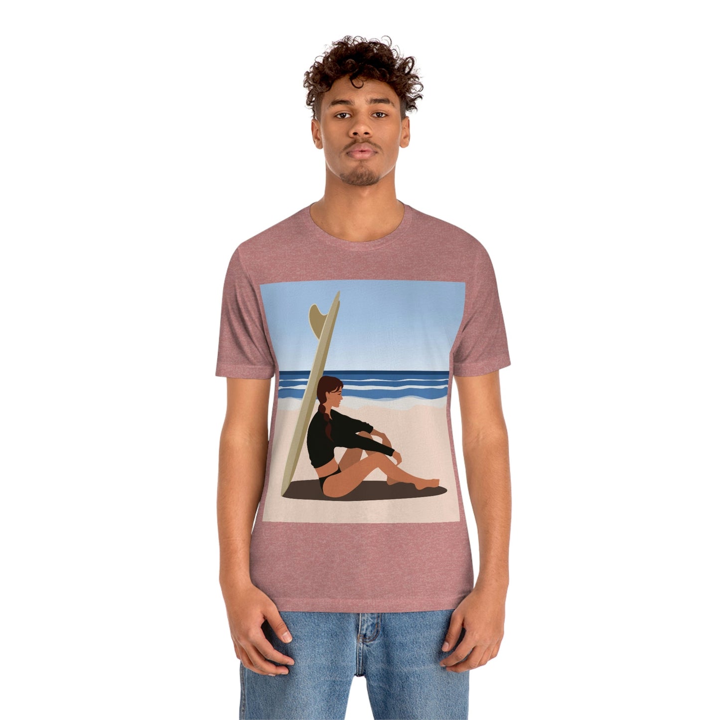 Serenity by the Sea Woman Sitting on Beach Unisex Jersey Short Sleeve T-Shirt Ichaku [Perfect Gifts Selection]