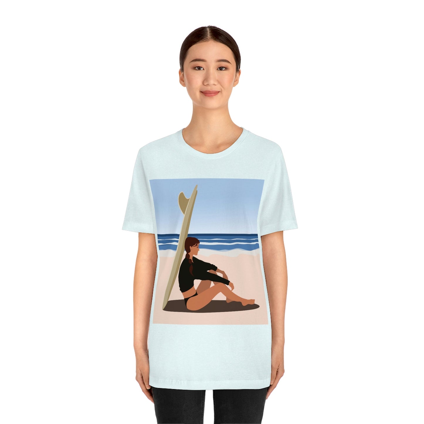 Serenity by the Sea Woman Sitting on Beach Unisex Jersey Short Sleeve T-Shirt Ichaku [Perfect Gifts Selection]