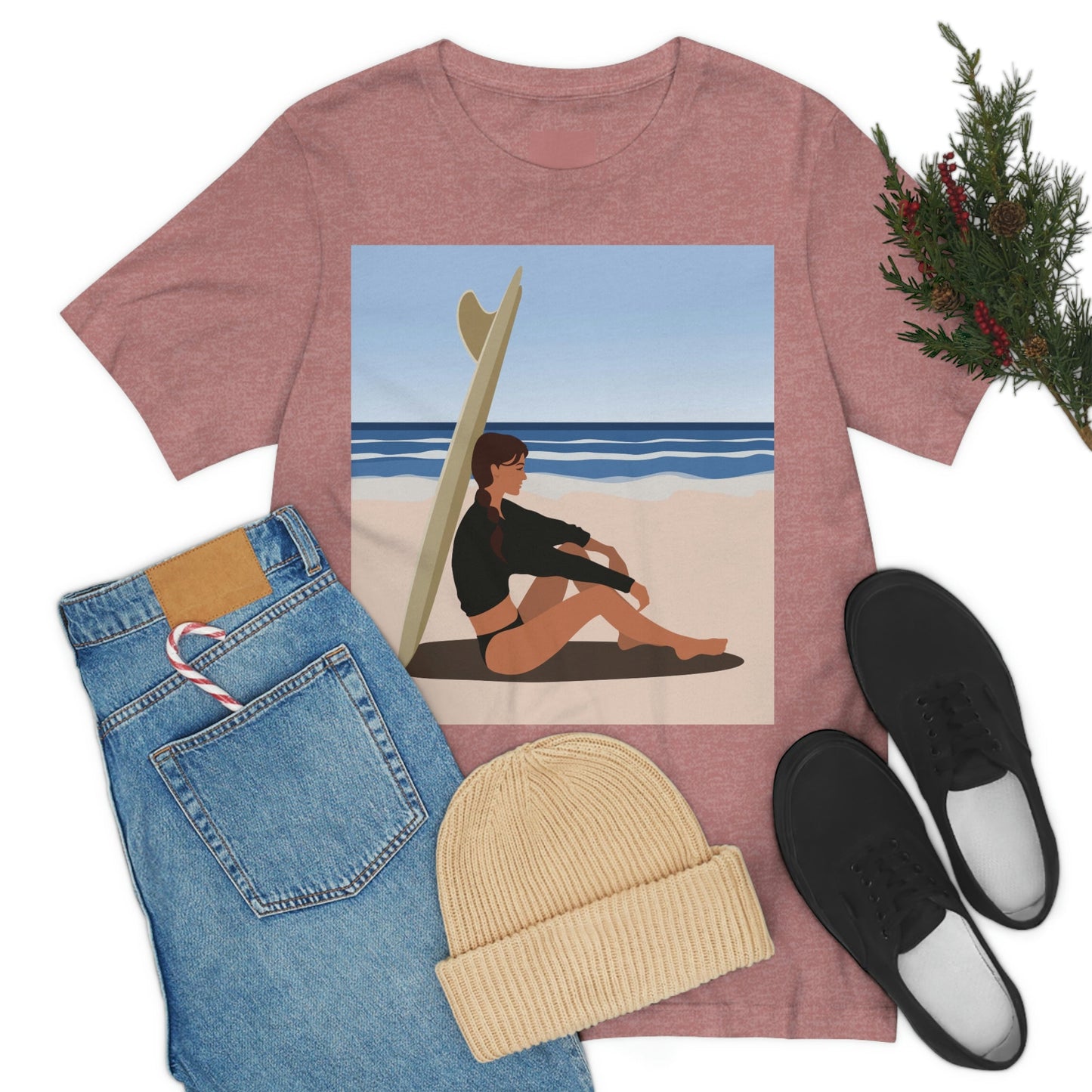 Serenity by the Sea Woman Sitting on Beach Unisex Jersey Short Sleeve T-Shirt Ichaku [Perfect Gifts Selection]