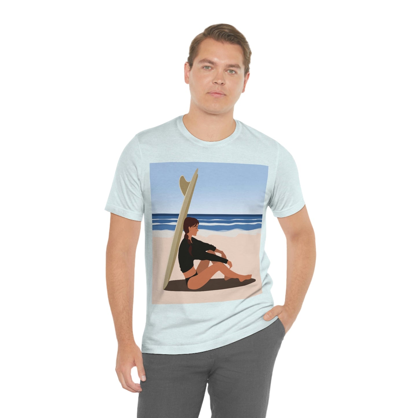 Serenity by the Sea Woman Sitting on Beach Unisex Jersey Short Sleeve T-Shirt Ichaku [Perfect Gifts Selection]