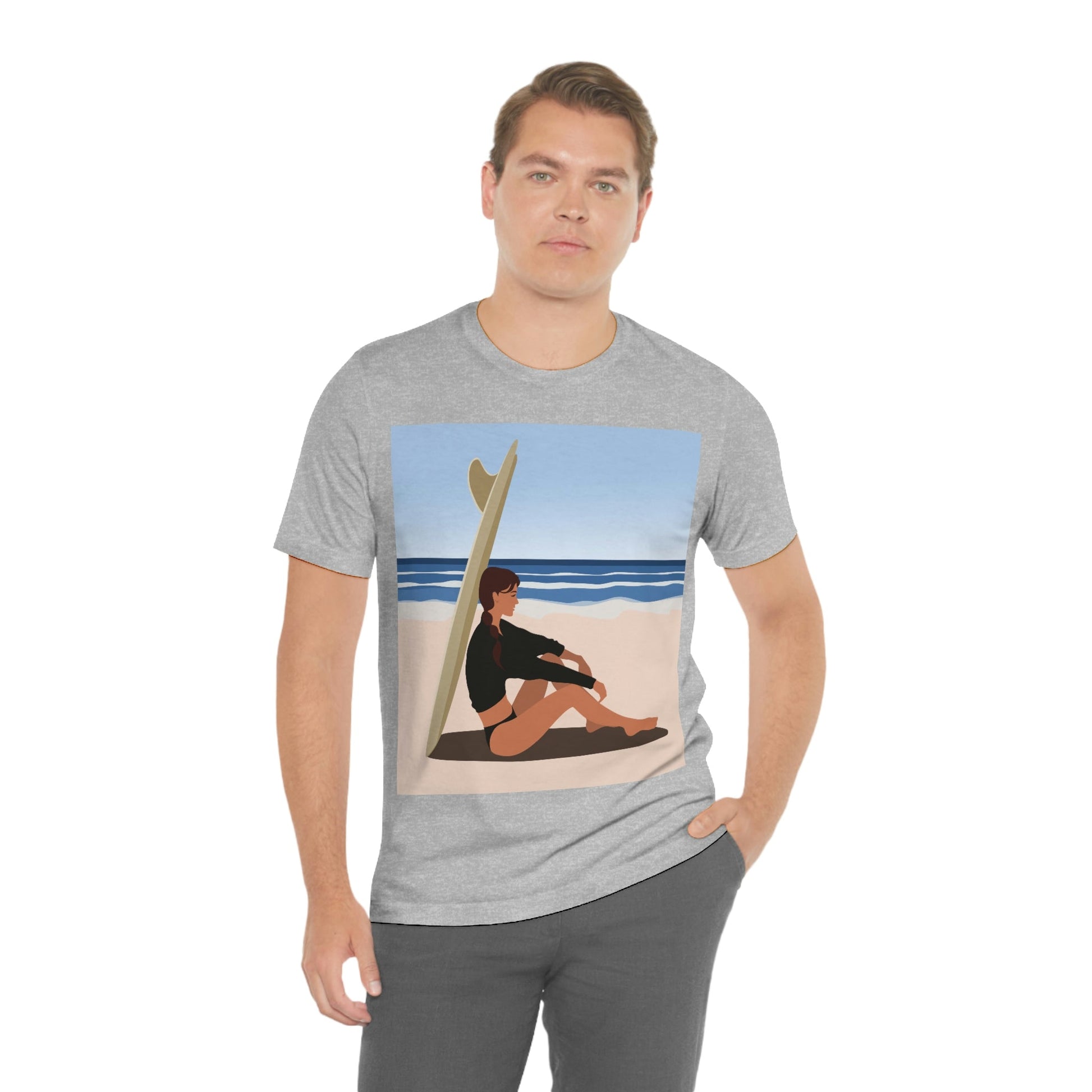 Serenity by the Sea Woman Sitting on Beach Unisex Jersey Short Sleeve T-Shirt Ichaku [Perfect Gifts Selection]