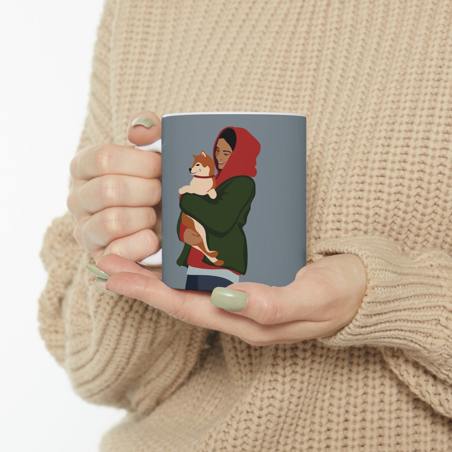 Smiling Woman with Dog Puppy Lovers Aesthetic Classic Art Ceramic Mug 11oz Ichaku [Perfect Gifts Selection]