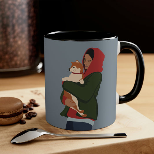 Smiling Woman with Dog Puppy Lovers Aesthetic Classic Art Classic Accent Coffee Mug 11oz Ichaku [Perfect Gifts Selection]