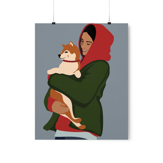 Smiling Woman with Dog Puppy Lovers Aesthetic Classic Art Premium Matte Vertical Posters Ichaku [Perfect Gifts Selection]