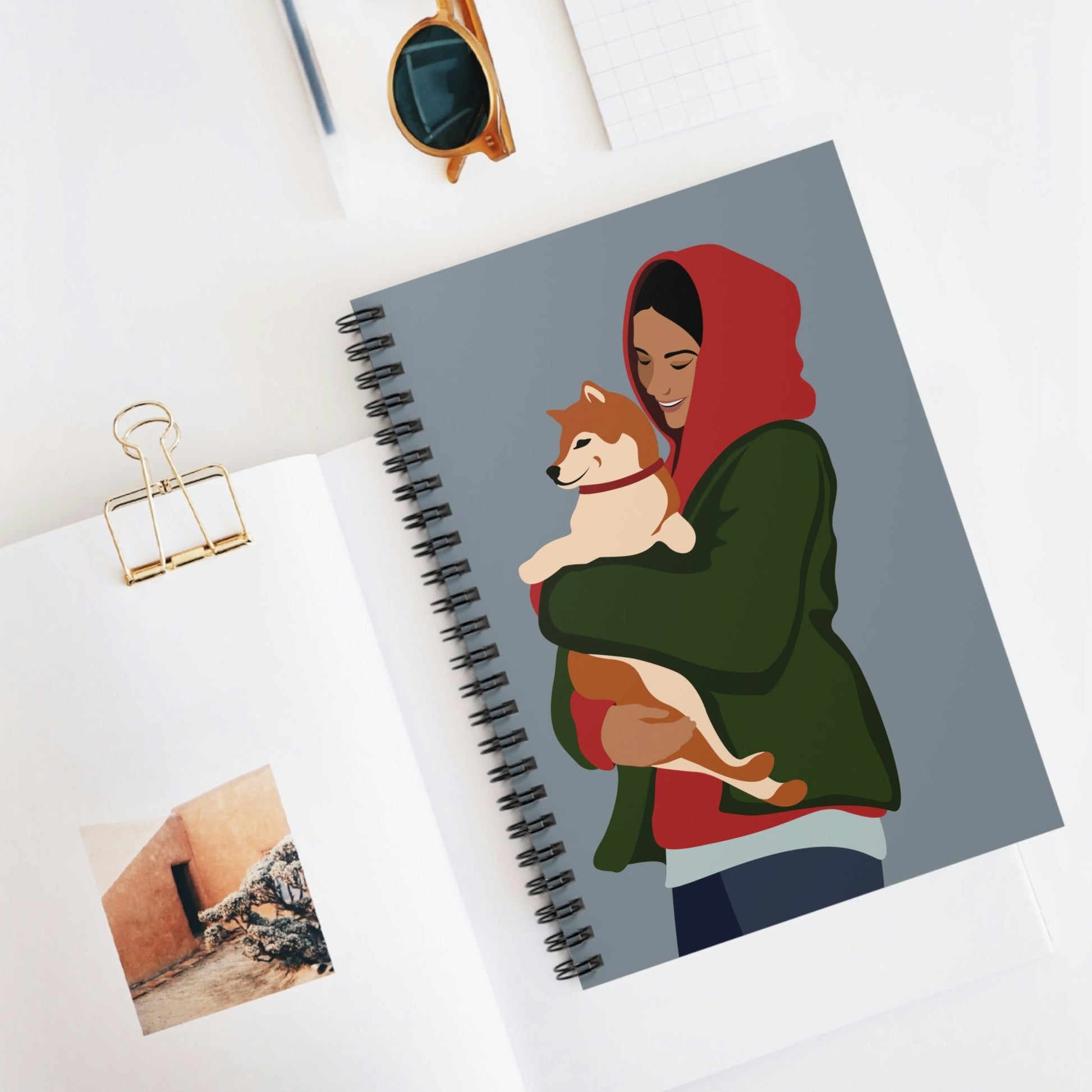 Smiling Woman with Dog Puppy Lovers Aesthetic Classic Art Spiral Notebook - Ruled Line Ichaku [Perfect Gifts Selection]