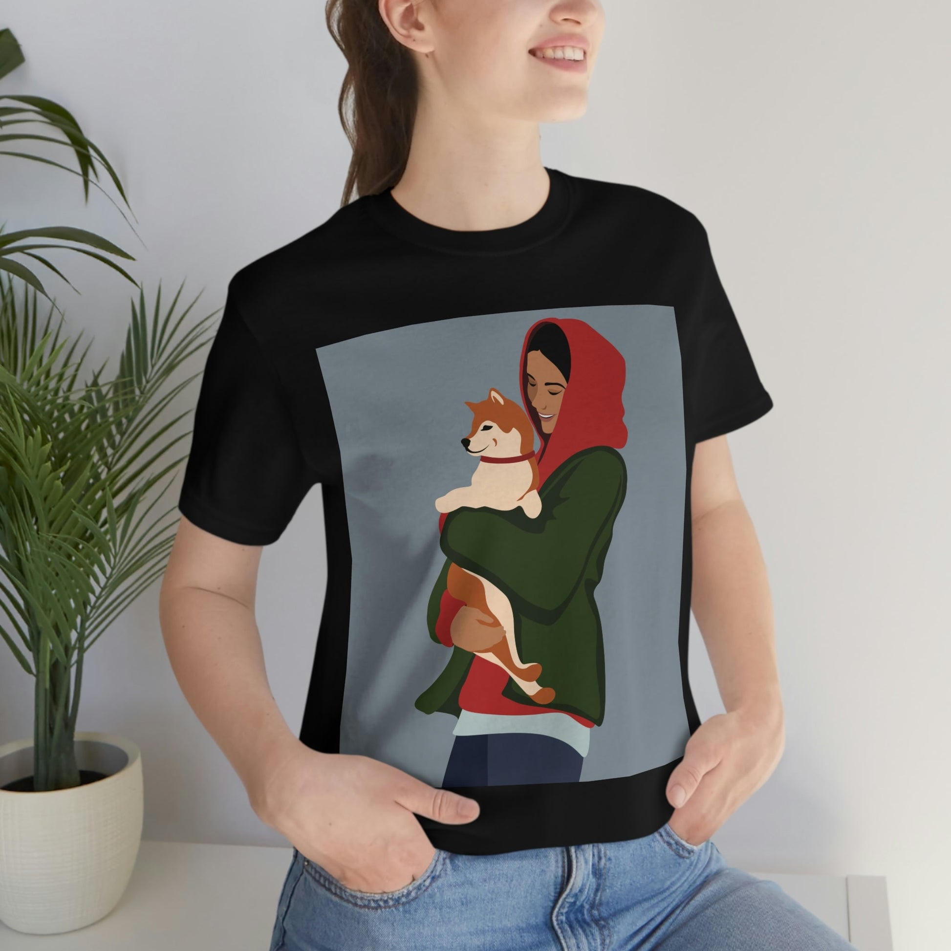 Smiling Woman with Dog Puppy Lovers Aesthetic Classic Art Unisex Jersey Short Sleeve T-Shirt Ichaku [Perfect Gifts Selection]