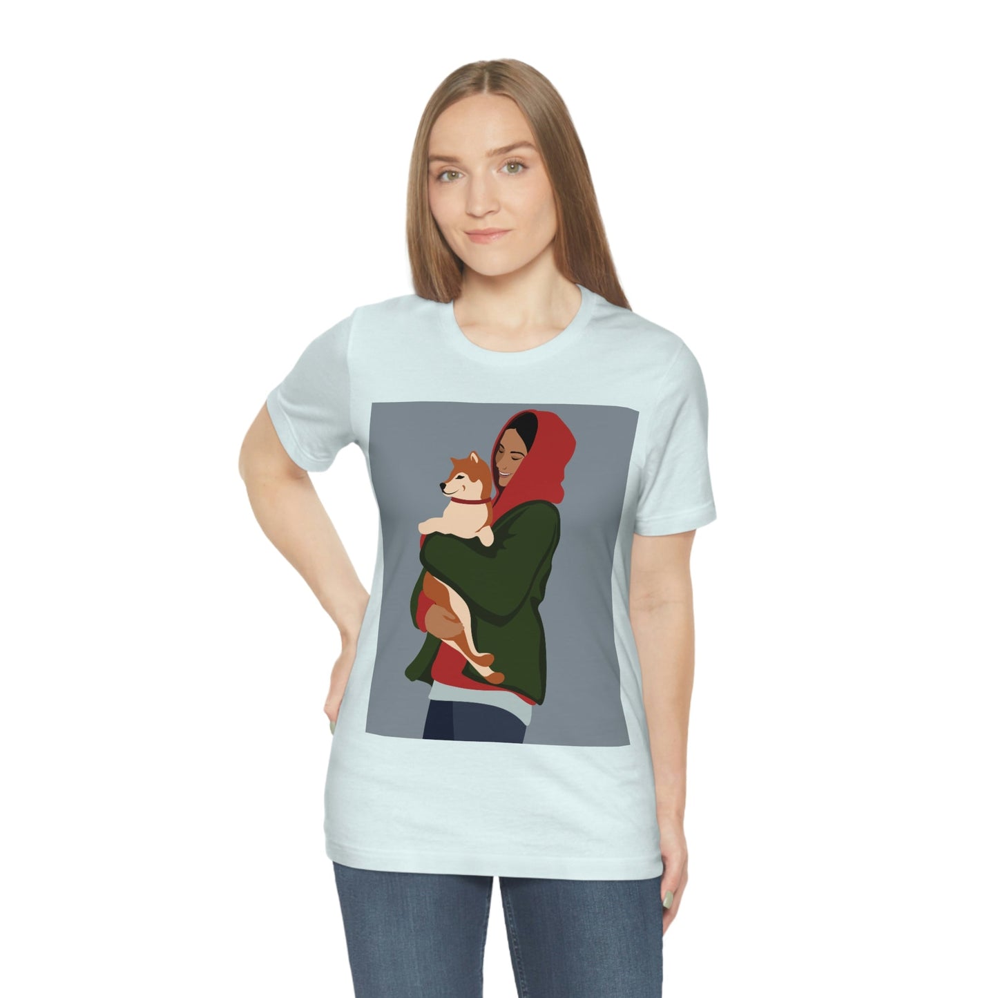 Smiling Woman with Dog Puppy Lovers Aesthetic Classic Art Unisex Jersey Short Sleeve T-Shirt Ichaku [Perfect Gifts Selection]