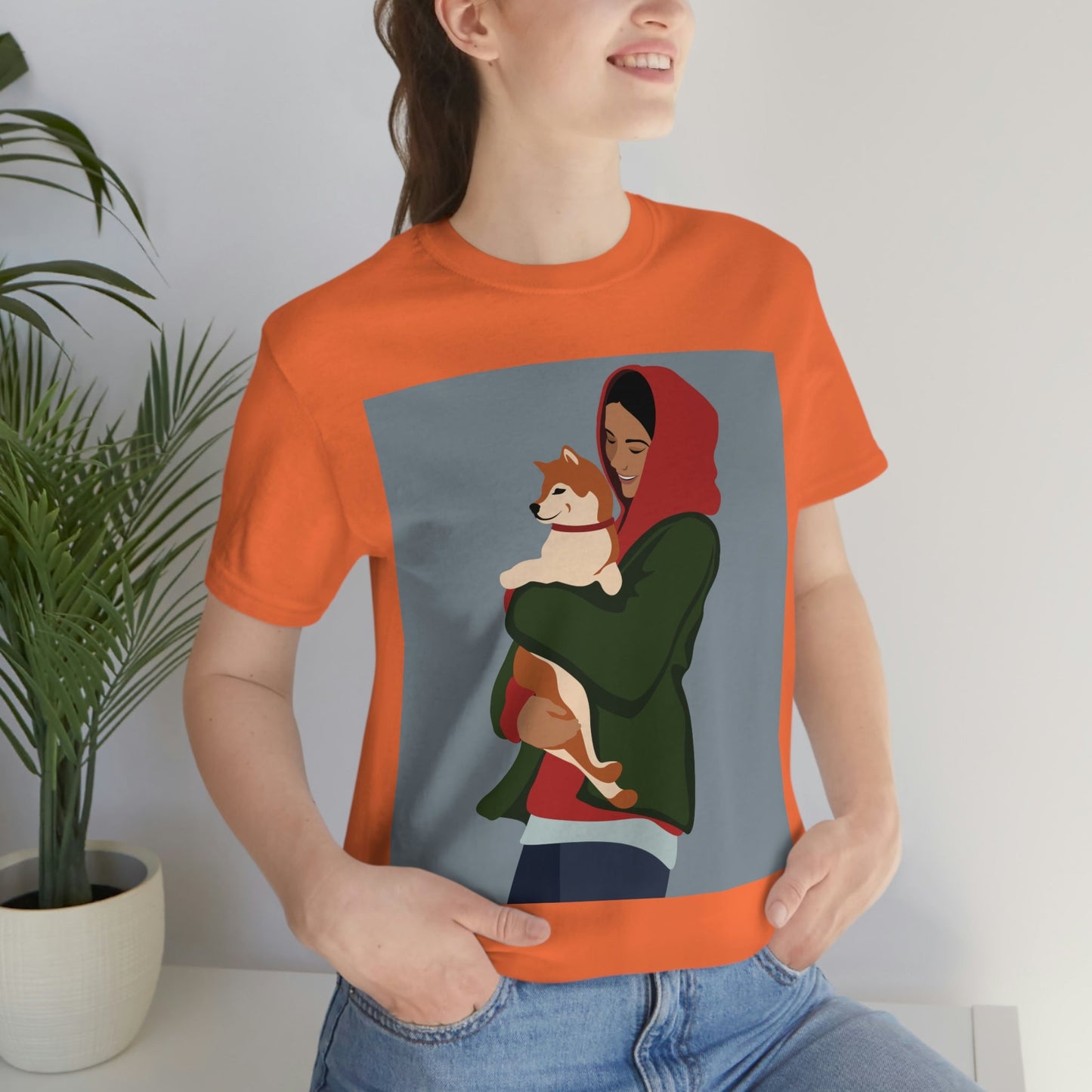 Smiling Woman with Dog Puppy Lovers Aesthetic Classic Art Unisex Jersey Short Sleeve T-Shirt Ichaku [Perfect Gifts Selection]