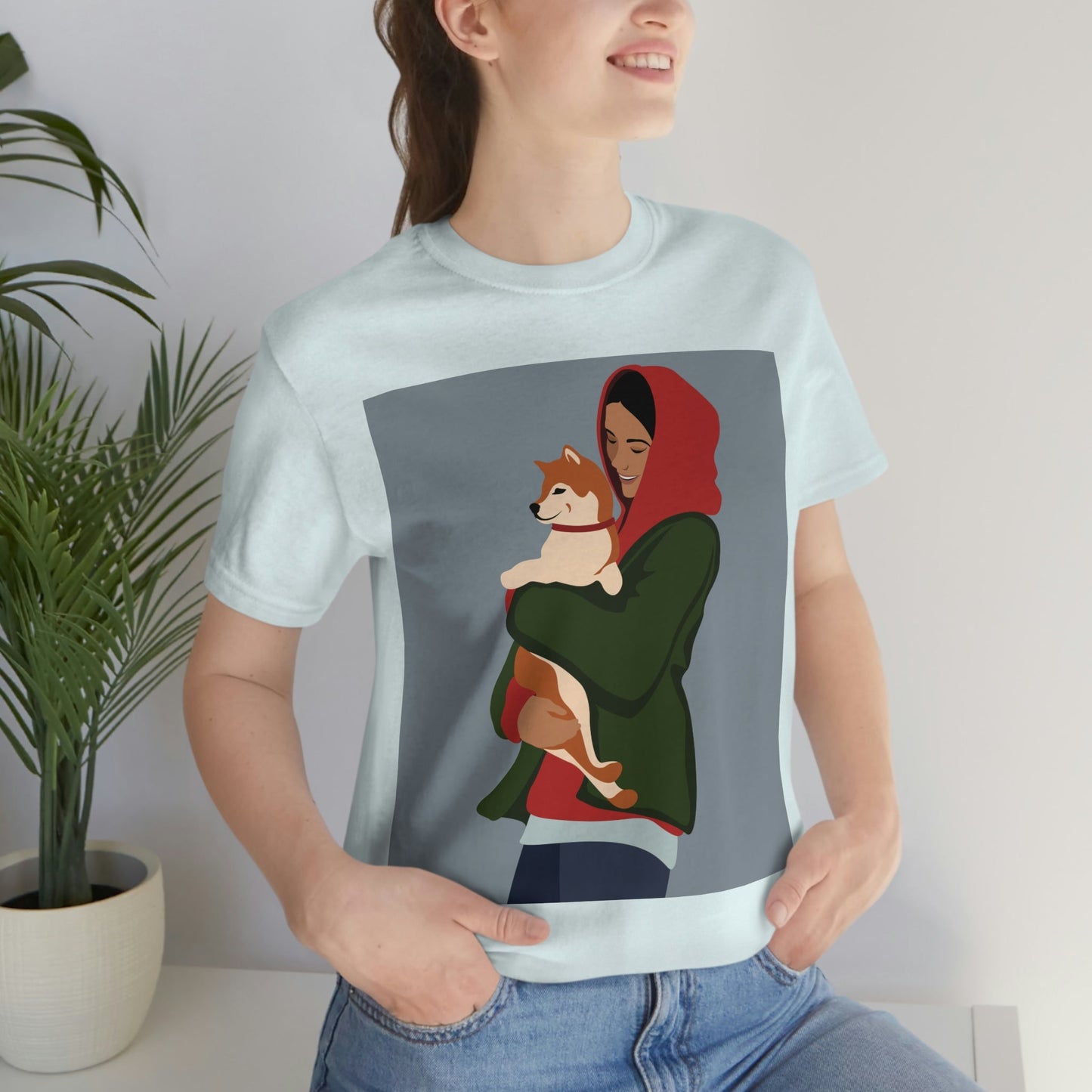 Smiling Woman with Dog Puppy Lovers Aesthetic Classic Art Unisex Jersey Short Sleeve T-Shirt Ichaku [Perfect Gifts Selection]