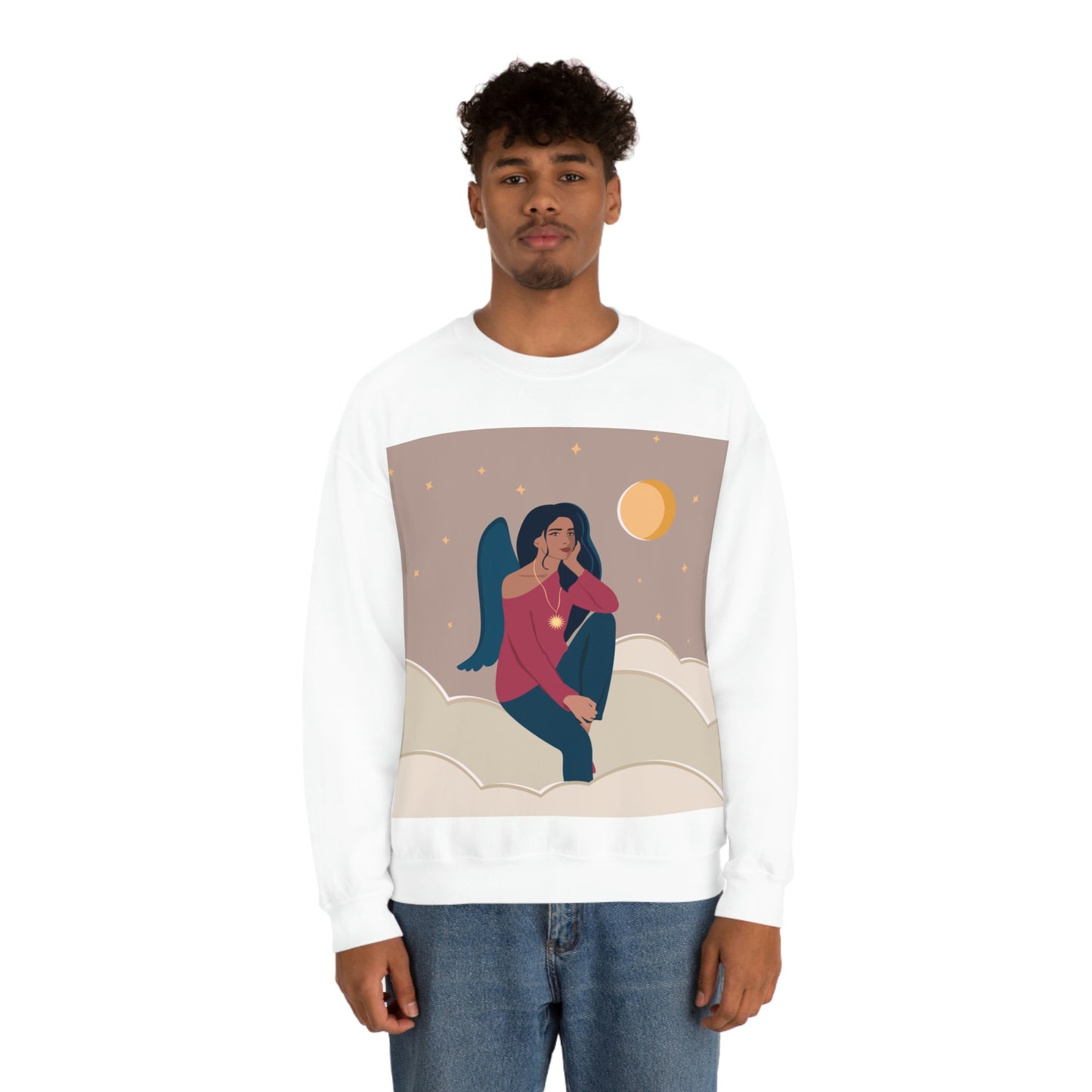 Women Angel Portrait Sitting On Clouds Cartoon Art Unisex Heavy Blend™ Crewneck Sweatshirt