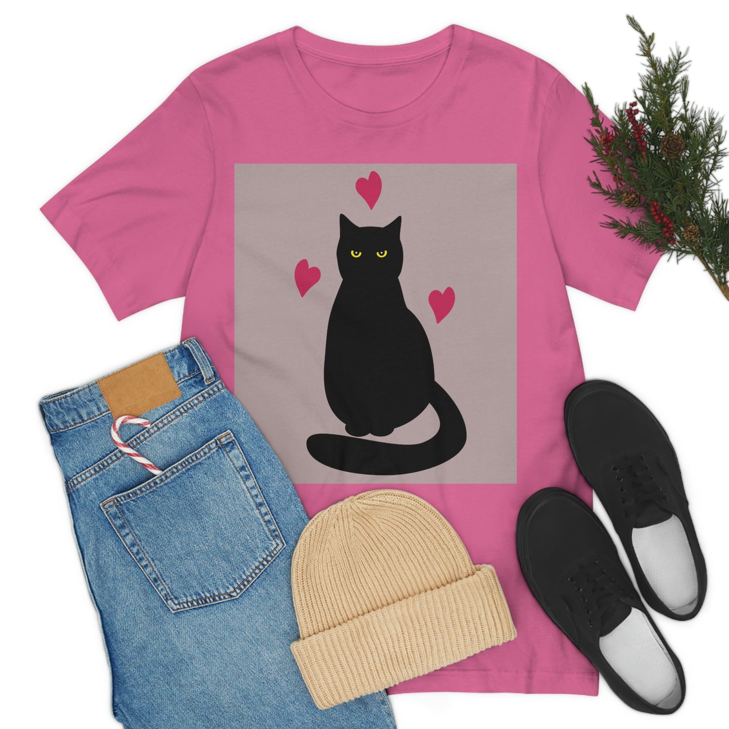 Black Cat with Heart Love Unisex Jersey Short Sleeve T-Shirt