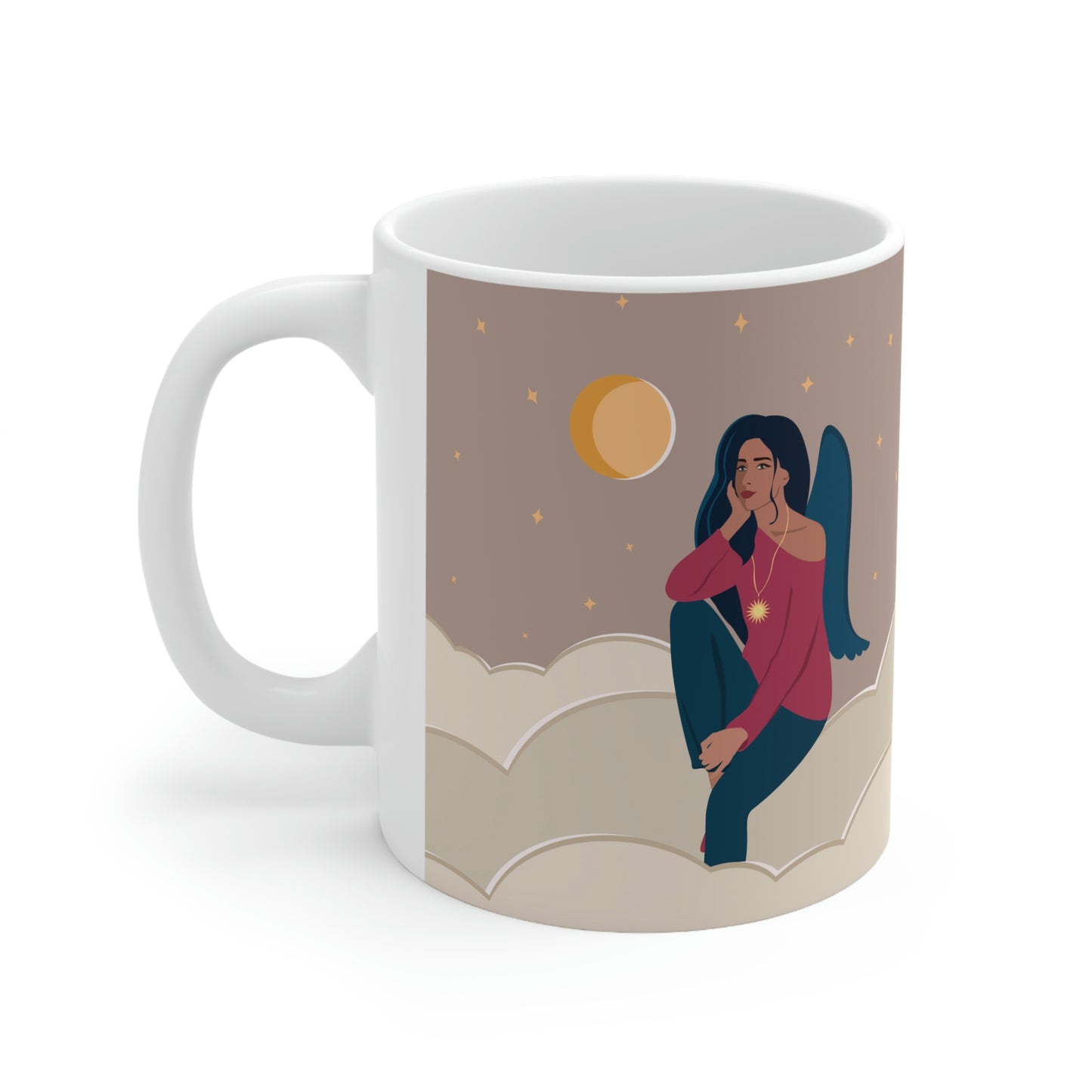 Women Angel Portrait Sitting On Clouds Cartoon Art Ceramic Mug 11oz