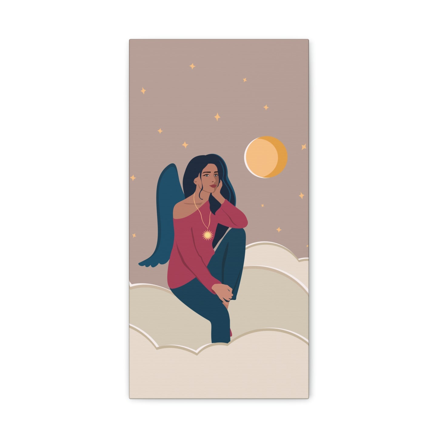 Women Angel Portrait Sitting On Clouds Cartoon Art Canvas Gallery Wraps