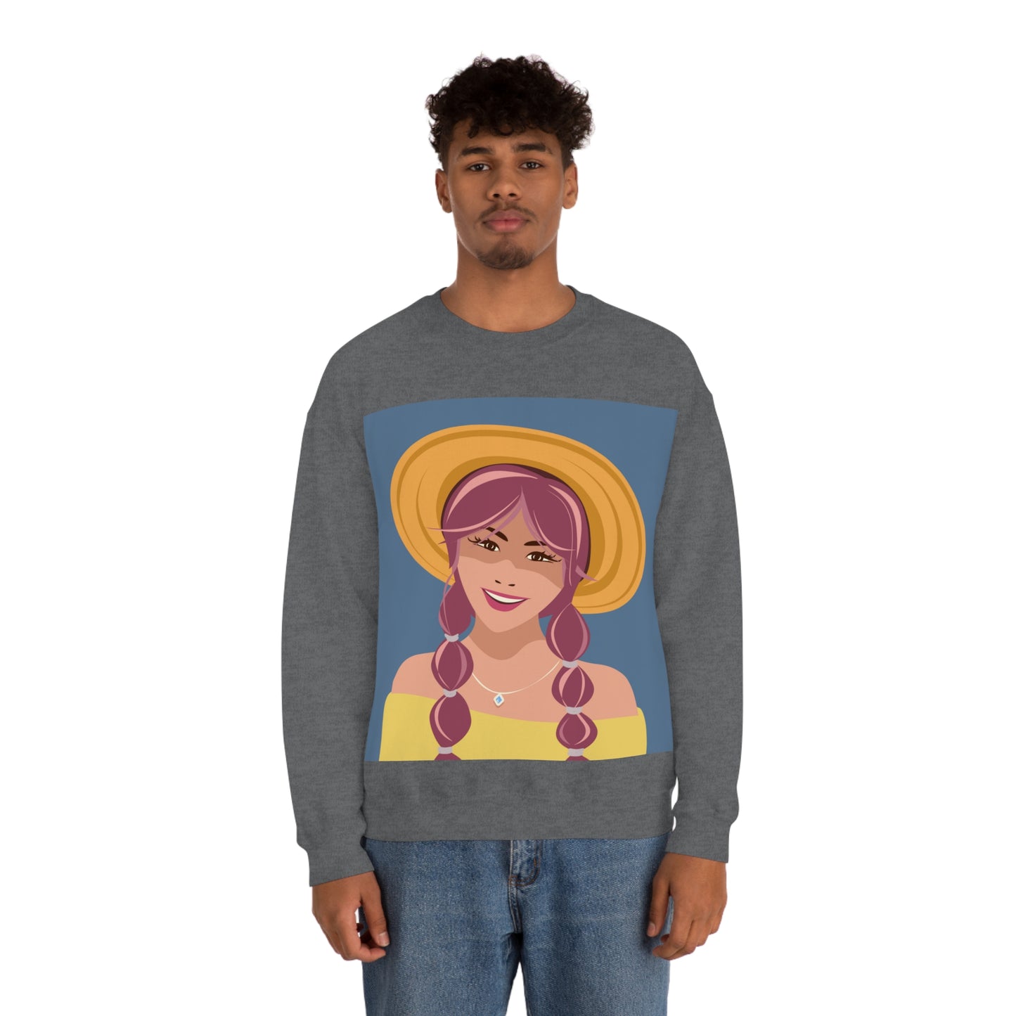 Happy Woman with Rose Hair Aesthetic Art Unisex Heavy Blend™ Crewneck Sweatshirt