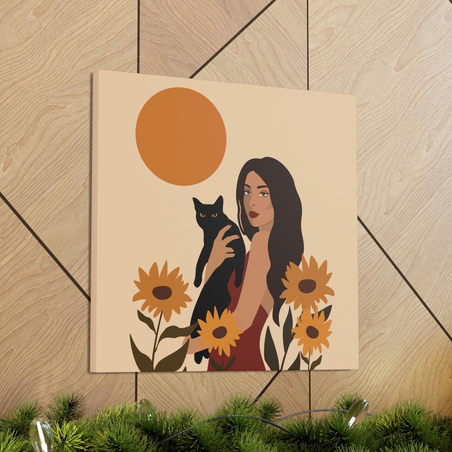 Woman with Black Cat Mininal Sunflowers Aesthetic Art Canvas Gallery Wraps