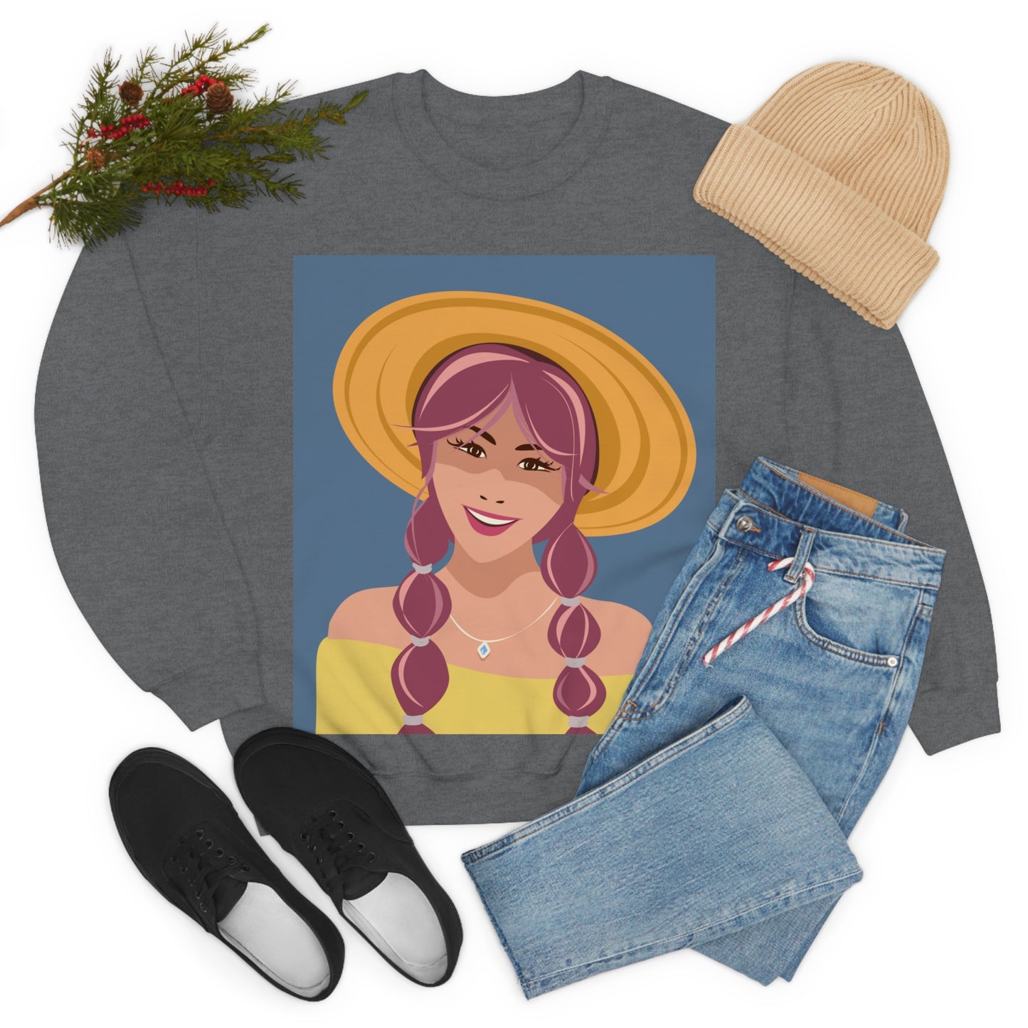 Happy Woman with Rose Hair Aesthetic Art Unisex Heavy Blend™ Crewneck Sweatshirt