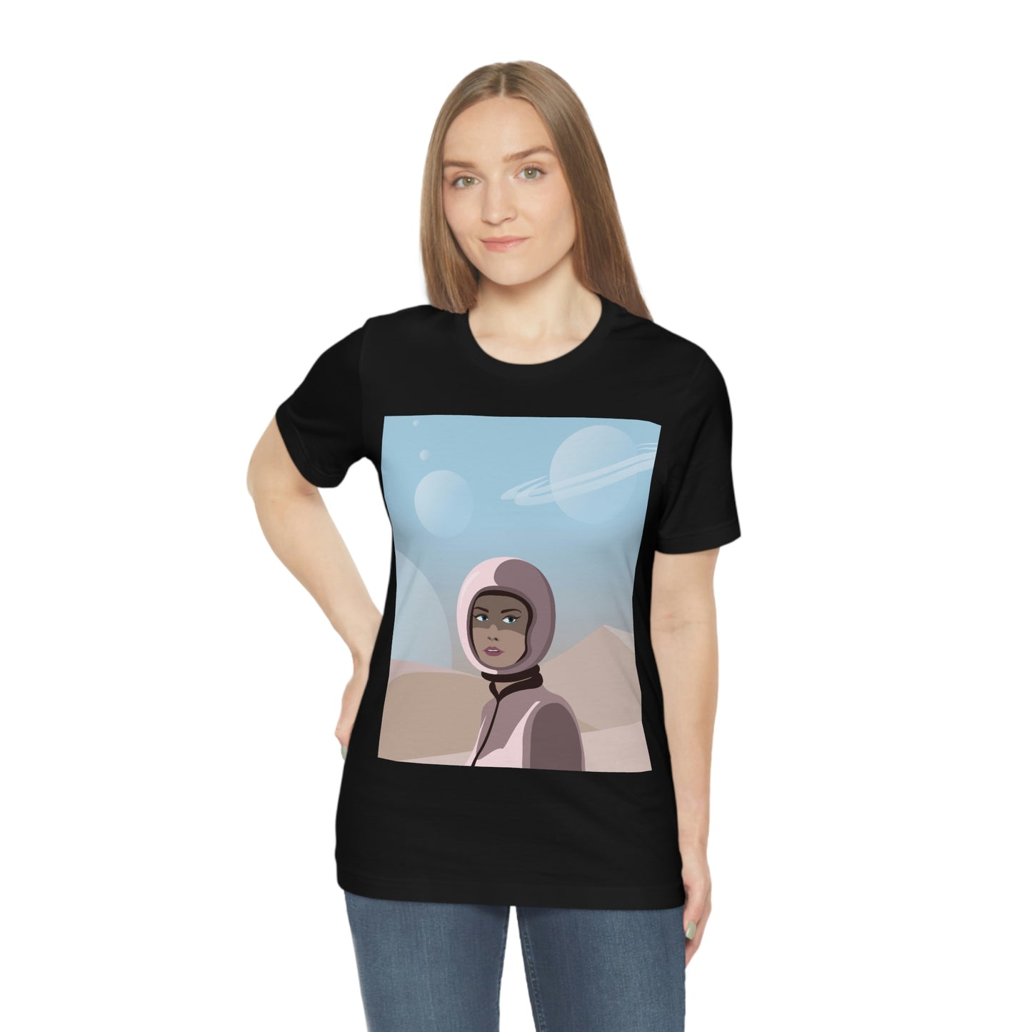 Astronaut Woman Aliens Minimal Art Aesthetic Unisex Jersey Short Sleeve T-Shirt