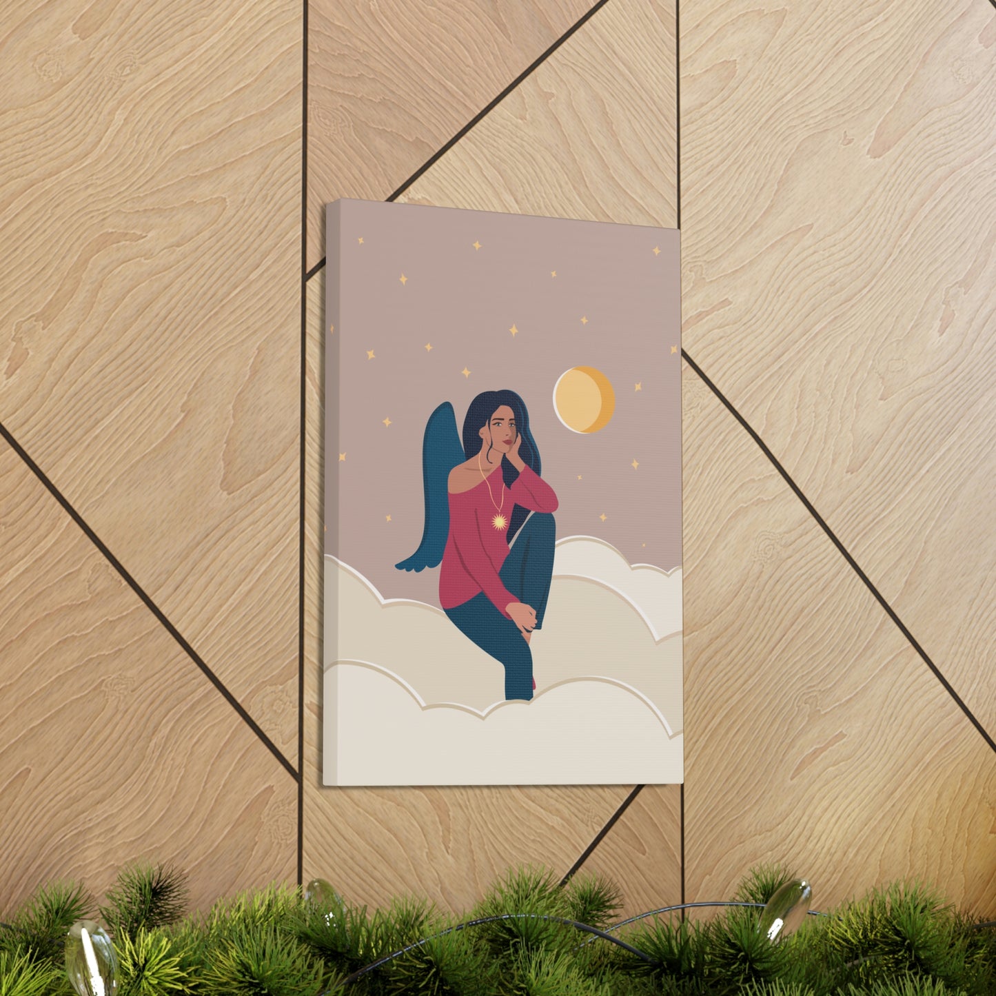 Women Angel Portrait Sitting On Clouds Cartoon Art Canvas Gallery Wraps