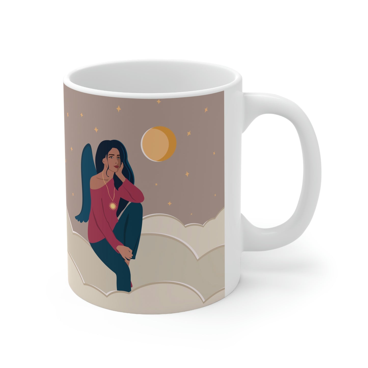 Women Angel Portrait Sitting On Clouds Cartoon Art Ceramic Mug 11oz