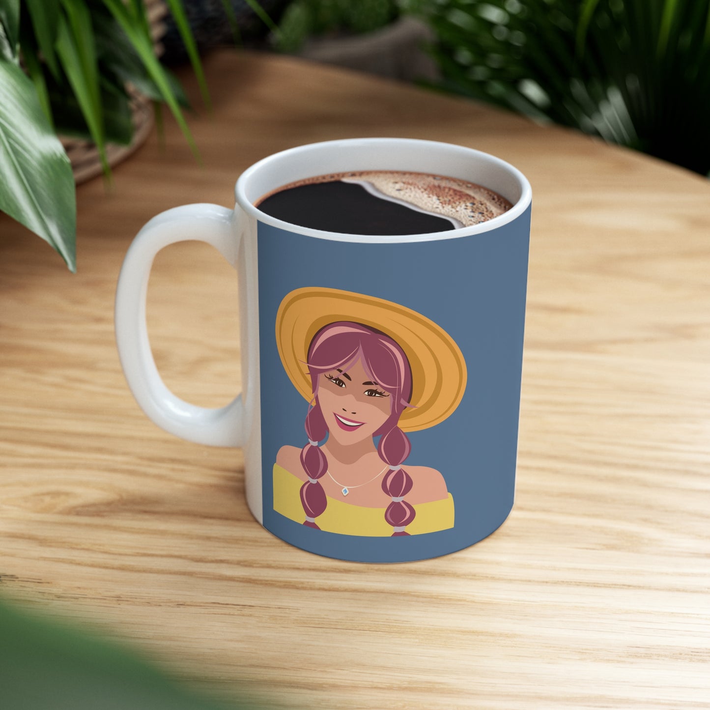 Happy Woman with Rose Hair Aesthetic Art Ceramic Mug 11oz