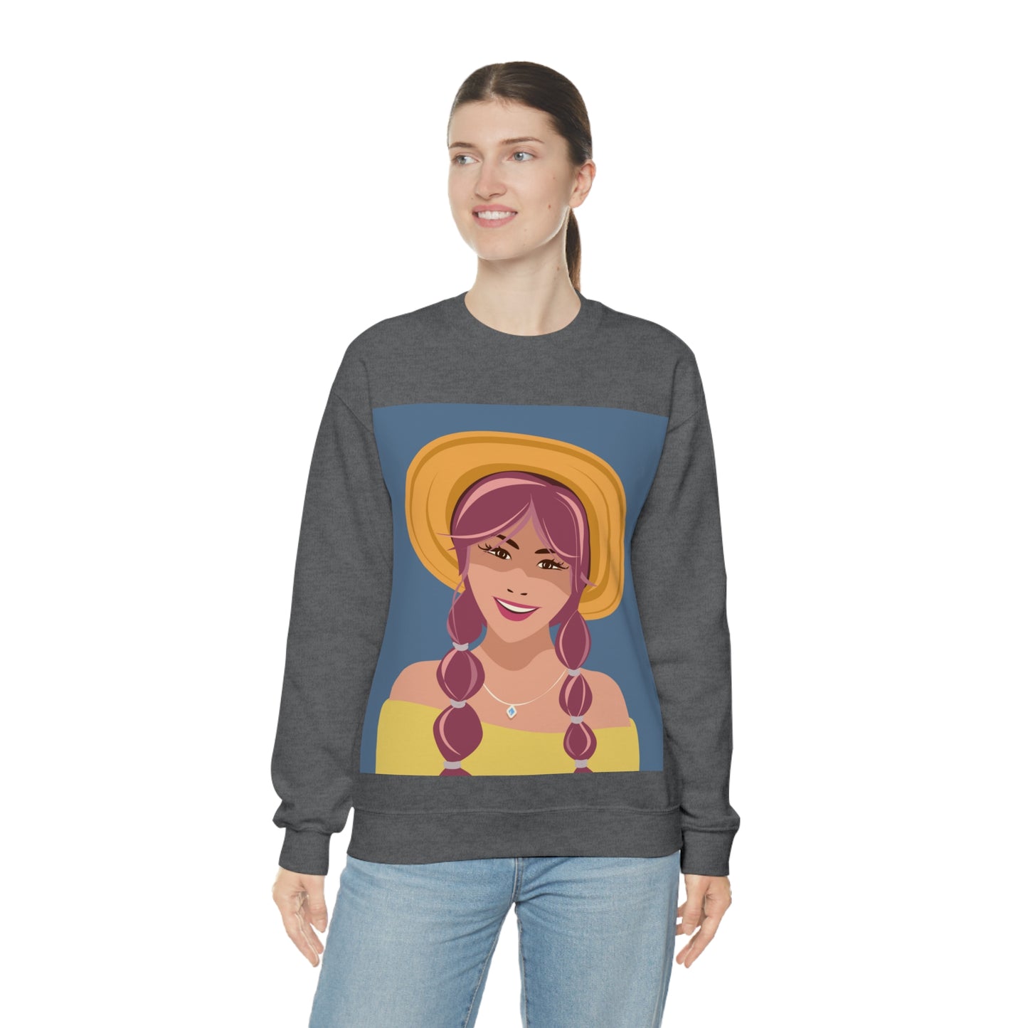 Happy Woman with Rose Hair Aesthetic Art Unisex Heavy Blend™ Crewneck Sweatshirt