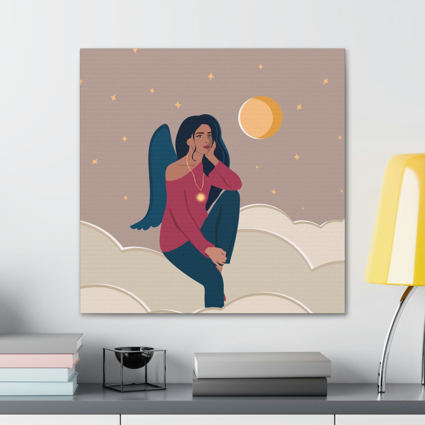 Women Angel Portrait Sitting On Clouds Cartoon Art Canvas Gallery Wraps